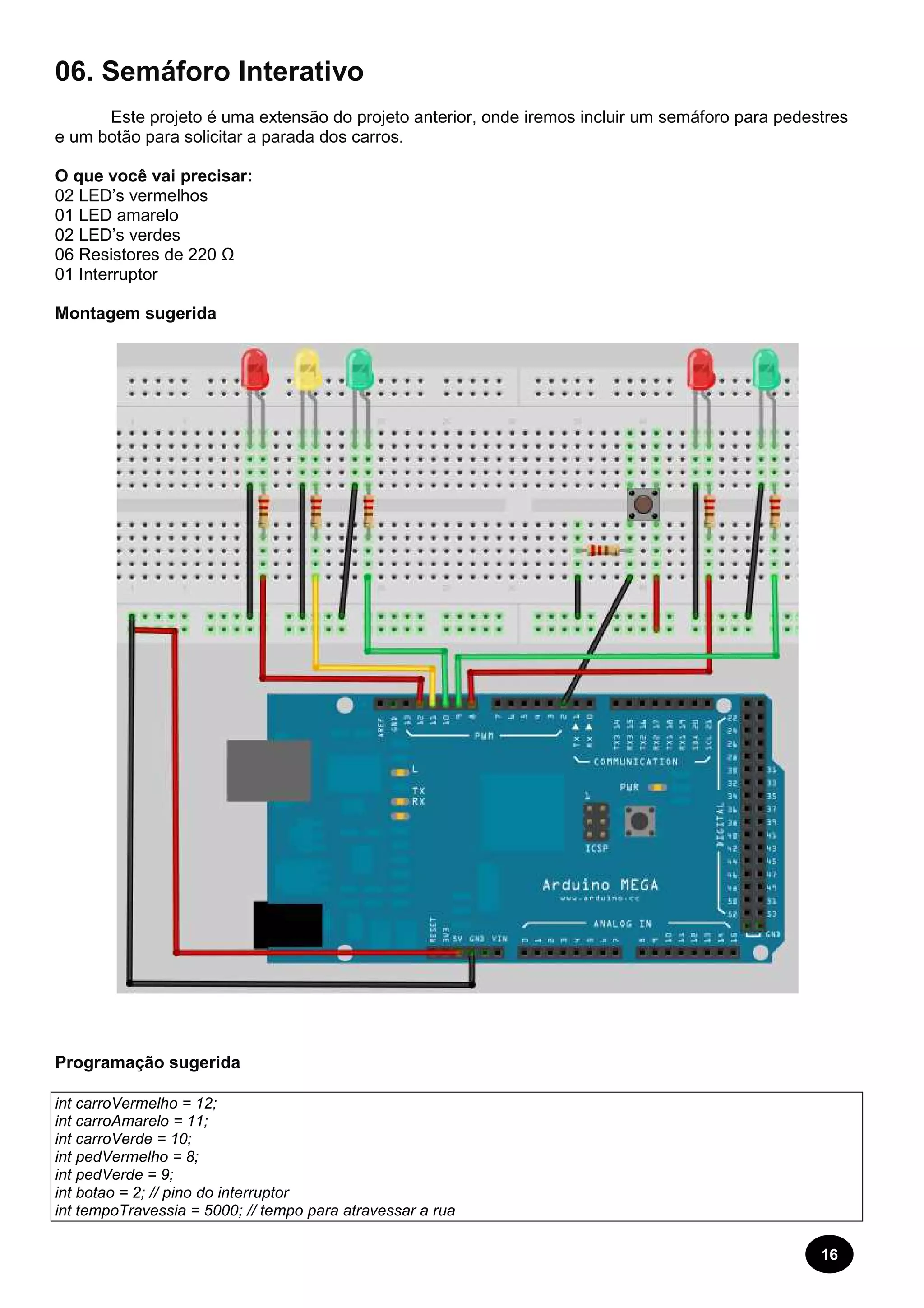 16 
06. Semáforo Interativo 
Este projeto é uma extensão do projeto anterior, onde iremos incluir um semáforo para pedestres 
e um botão para solicitar a parada dos carros. 
O que você vai precisar: 
02 LED’s vermelhos 
01 LED amarelo 
02 LED’s verdes 
06 Resistores de 220 Ω 
01 Interruptor 
Montagem sugerida 
Programação sugerida 
int carroVermelho = 12; 
int carroAmarelo = 11; 
int carroVerde = 10; 
int pedVermelho = 8; 
int pedVerde = 9; 
int botao = 2; // pino do interruptor 
int tempoTravessia = 5000; // tempo para atravessar a rua 
 