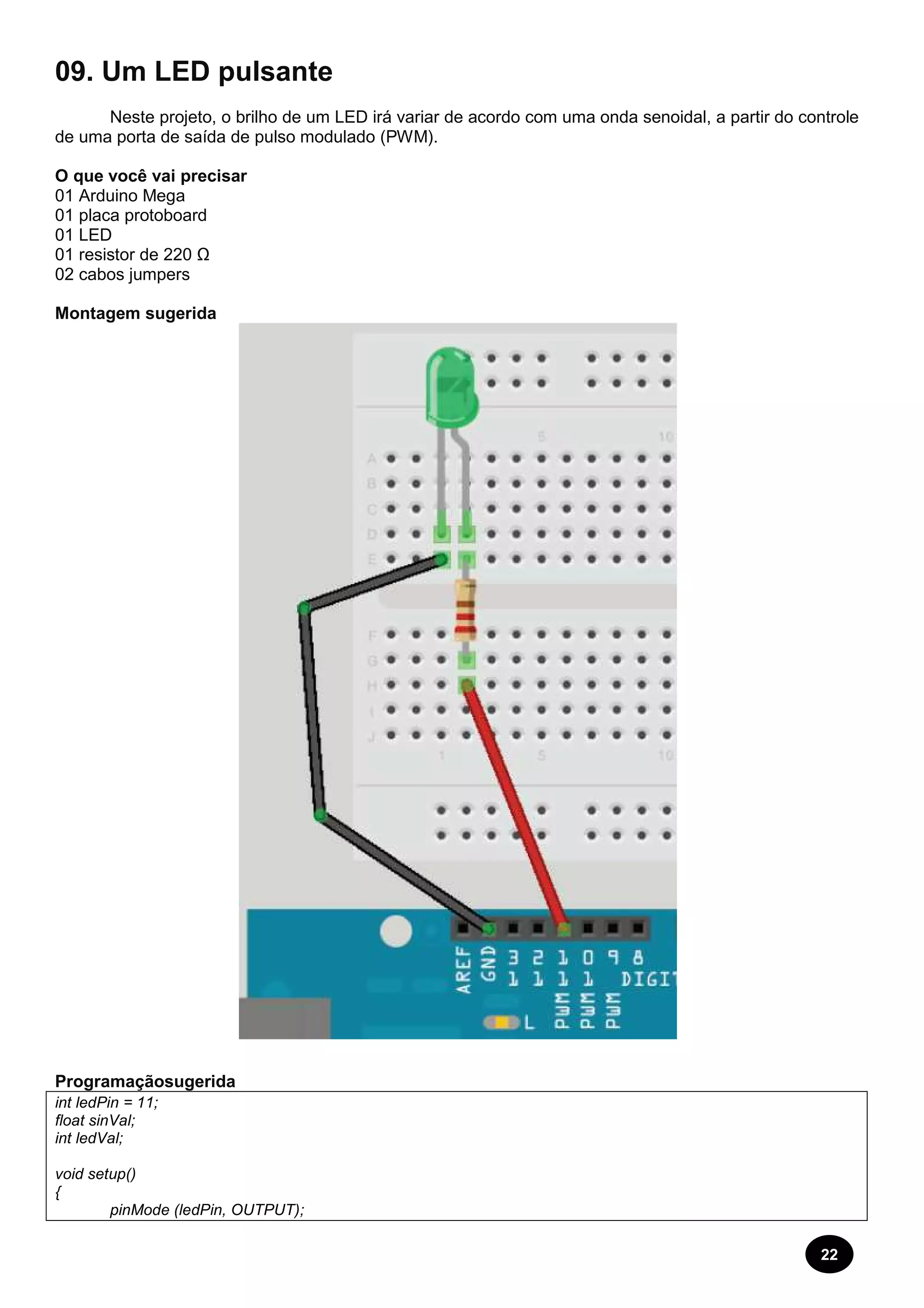 22 
09. Um LED pulsante 
Neste projeto, o brilho de um LED irá variar de acordo com uma onda senoidal, a partir do controle 
de uma porta de saída de pulso modulado (PWM). 
O que você vai precisar 
01 Arduino Mega 
01 placa protoboard 
01 LED 
01 resistor de 220 Ω 
02 cabos jumpers 
Montagem sugerida 
Programaçãosugerida 
int ledPin = 11; 
float sinVal; 
int ledVal; 
void setup() 
{ 
pinMode (ledPin, OUTPUT); 
 