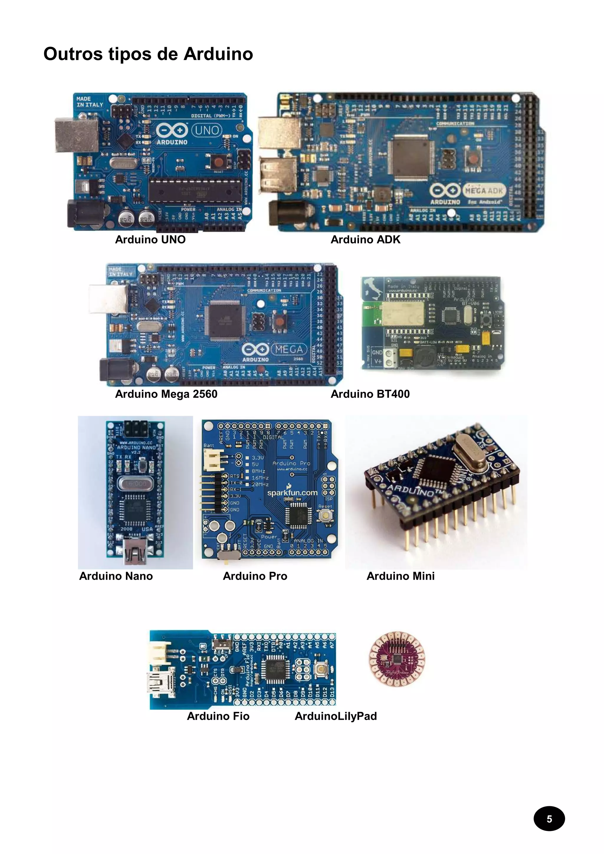 5 
Outros tipos de Arduino 
Arduino UNO Arduino ADK 
Arduino Mega 2560 Arduino BT400 
Arduino Nano Arduino Pro Arduino Mini 
Arduino Fio ArduinoLilyPad 
 