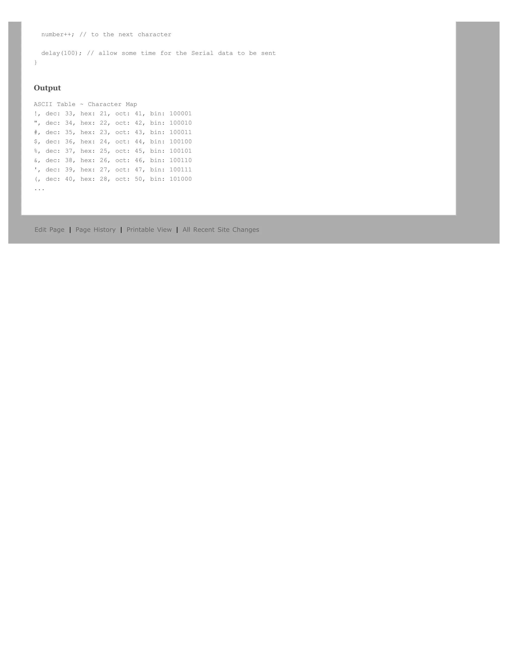 number++; // to the next character


    delay(100); // allow some time for the Serial data to be sent
}



Output

ASCII Table   ~ Character Map
!, dec: 33,   hex: 21, oct: 41,   bin:   100001
", dec: 34,   hex: 22, oct: 42,   bin:   100010
#, dec: 35,   hex: 23, oct: 43,   bin:   100011
$, dec: 36,   hex: 24, oct: 44,   bin:   100100
%, dec: 37,   hex: 25, oct: 45,   bin:   100101
&, dec: 38,   hex: 26, oct: 46,   bin:   100110
', dec: 39,   hex: 27, oct: 47,   bin:   100111
(, dec: 40,   hex: 28, oct: 50,   bin:   101000
...




Edit Page | Page History | Printable View | All Recent Site Changes
 