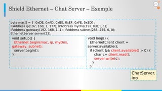 Shield Ethernet – Chat Server – Exemple
byte mac[] = {  0xDE, 0xAD, 0xBE, 0xEF, 0xFE, 0xED};
IPAddress ip(192, 168, 1, 177); IPAddress myDns(192,168,1, 1);
IPAddress gateway(192, 168, 1, 1); IPAddress subnet(255, 255, 0, 0);
EthernetServer server(23);
void loop() {
  EthernetClient client =
server.available();
  if (client && client.available() > 0) {
      char c= client.read();
      server.write(c);
    }
  }
void setup() {
  Ethernet.begin(mac, ip, myDns,
gateway, subnet);
  server.begin();
}
ChatServer.
ino
20
 