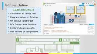 Editeur Online
123d.circuits.io
 Simulation en temps réel.
 Programmation en Arduino.
 Un éditeur collaboratif.
 PCV Design avec livraison.
 Explorer d’autre projets.
 Des milliers de composants.
24
 