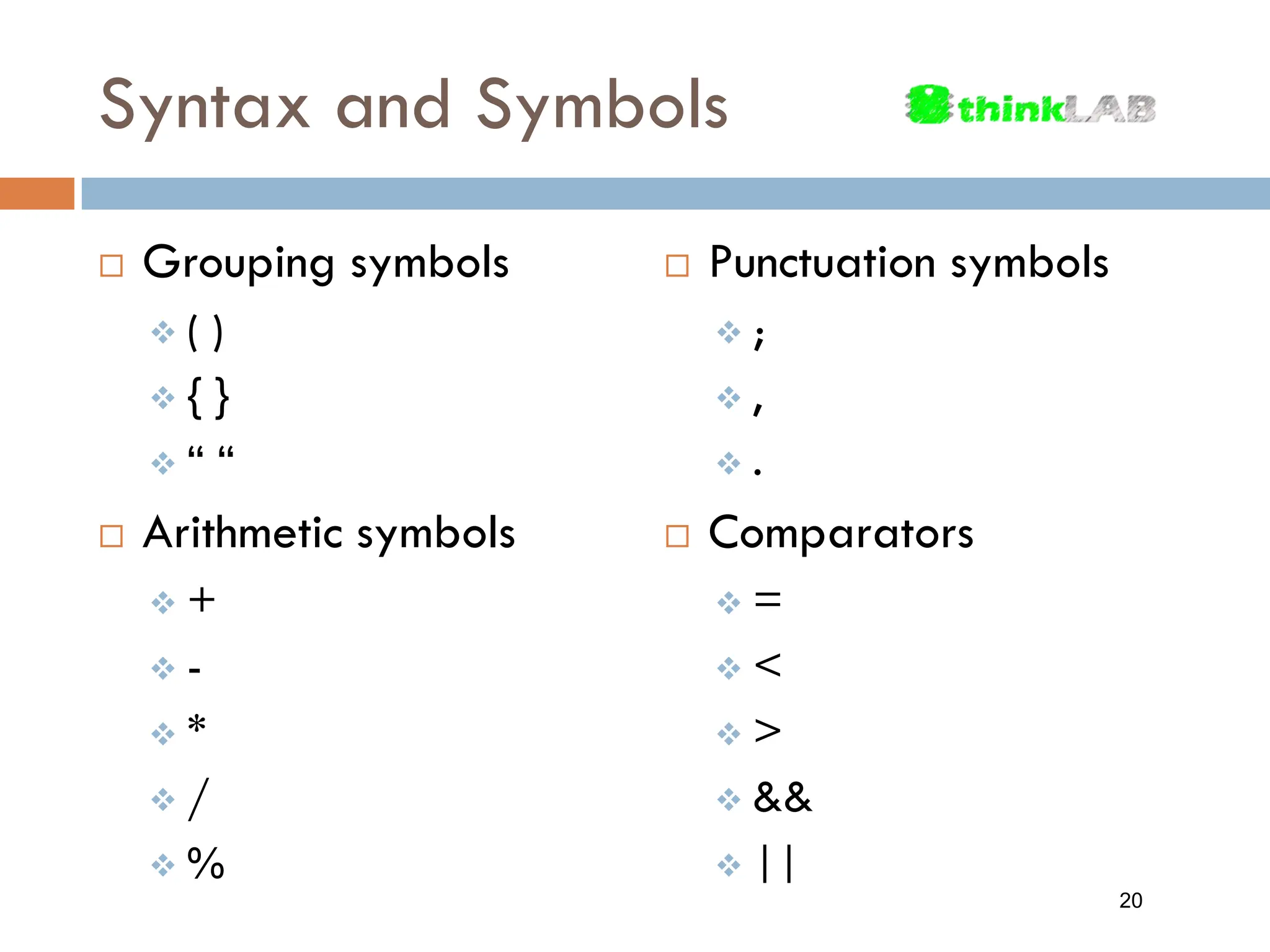  Grouping symbols  ( )  { }  “ “  Arithmetic symbols  +  -  *  /  %  Punctuation symbols  ;  ,  .  Comparators  =  <  >  &&  || Syntax and Symbols 20 