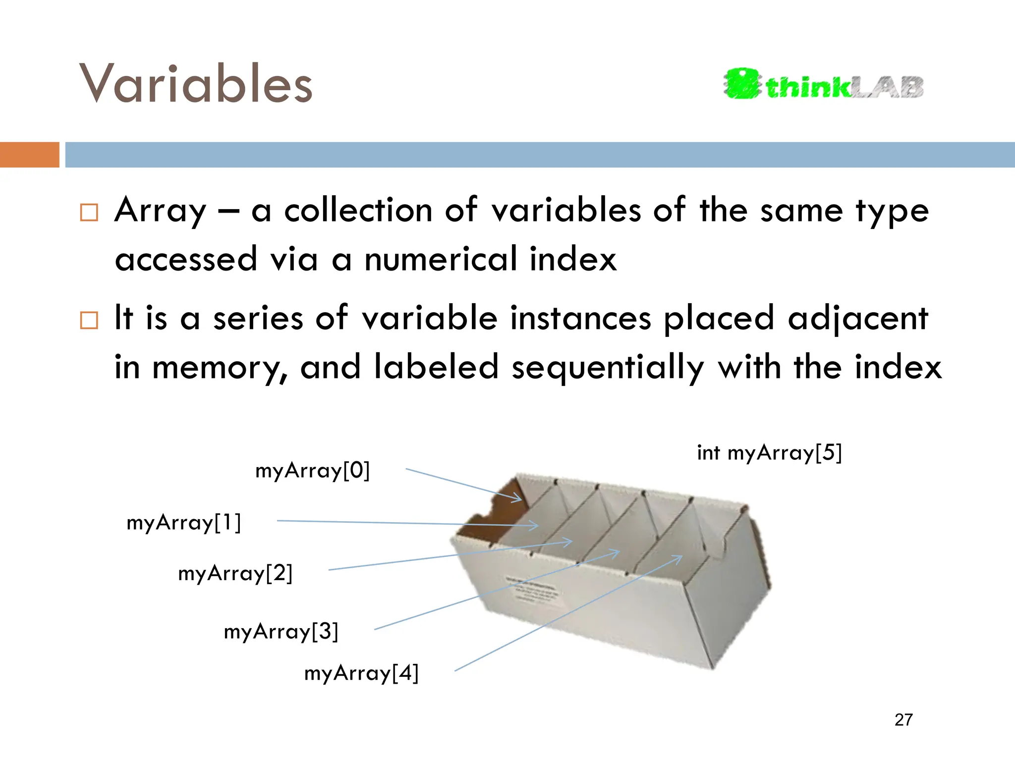 Variables  Array – a collection of variables of the same type accessed via a numerical index  It is a series of variable instances placed adjacent in memory, and labeled sequentially with the index myArray[0] myArray[1] myArray[2] myArray[3] myArray[4] int myArray[5] 27 