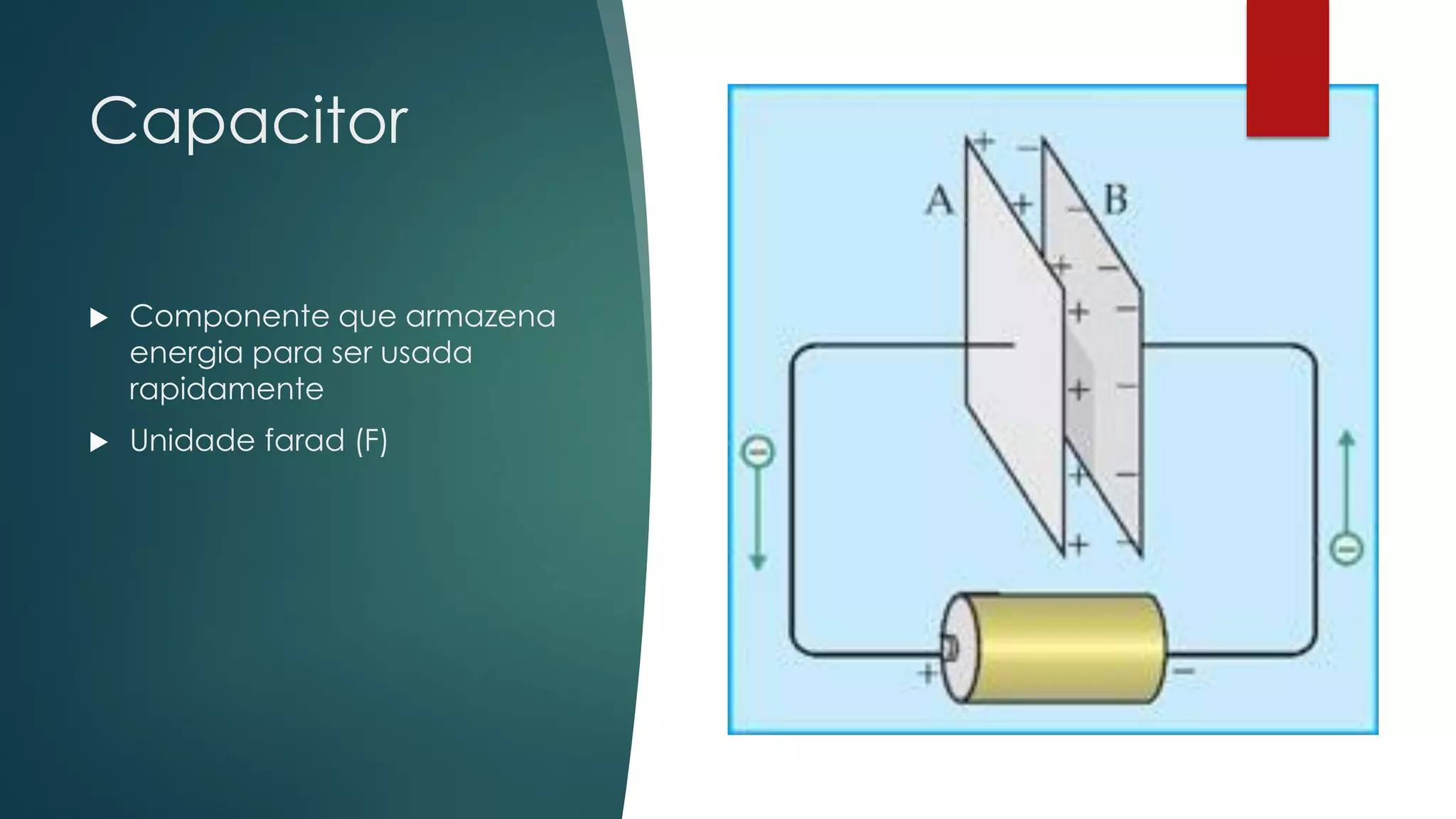 Capacitor
 Componente que armazena
energia para ser usada
rapidamente
 Unidade farad (F)
 