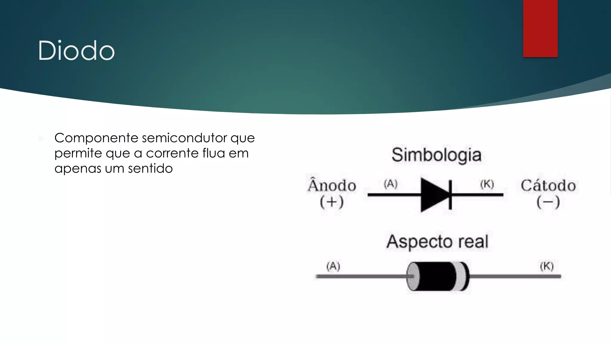 Diodo
 Componente semicondutor que
permite que a corrente flua em
apenas um sentido
 