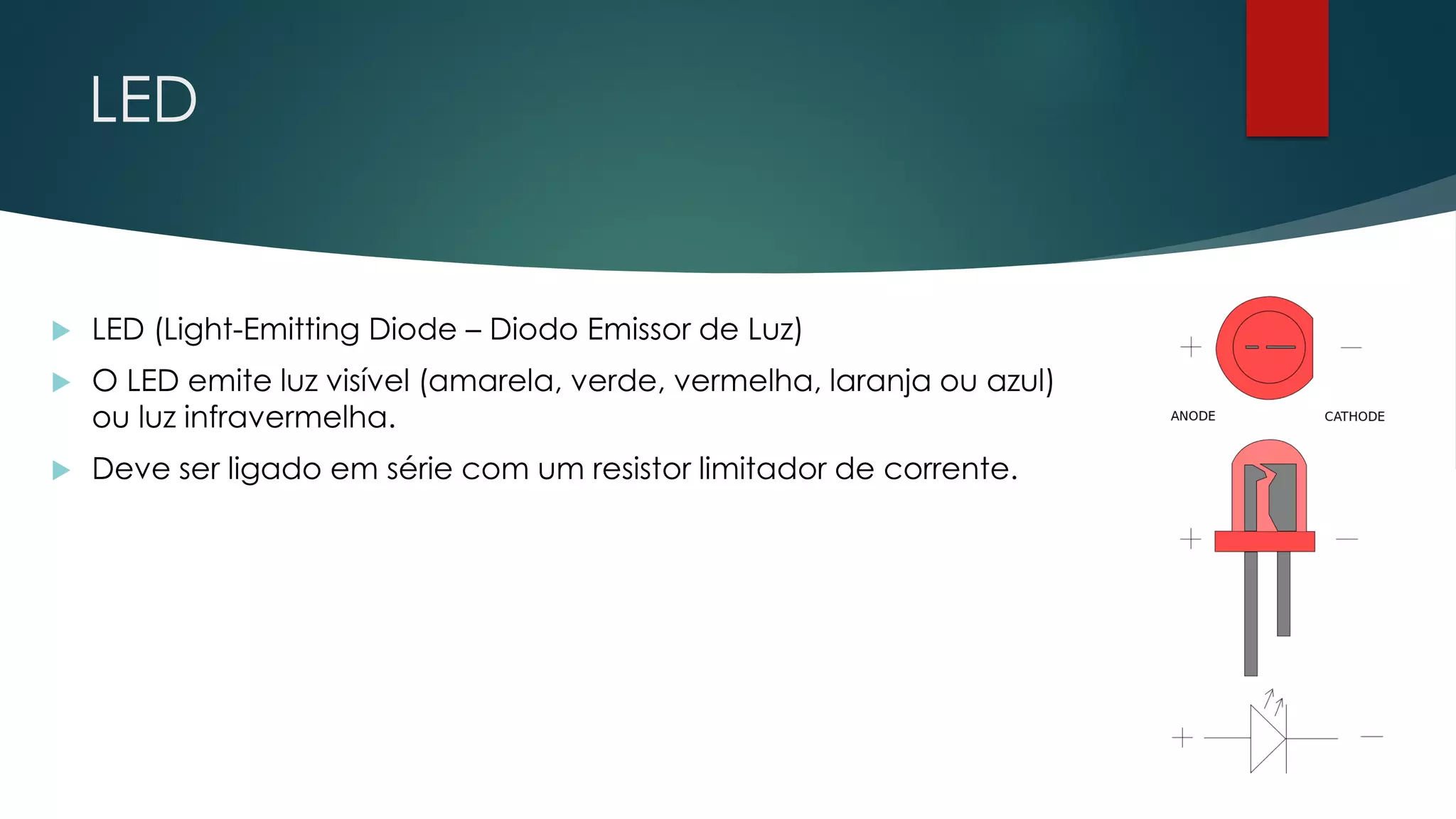 LED
 LED (Light-Emitting Diode – Diodo Emissor de Luz)
 O LED emite luz visível (amarela, verde, vermelha, laranja ou azul)
ou luz infravermelha.
 Deve ser ligado em série com um resistor limitador de corrente.
 