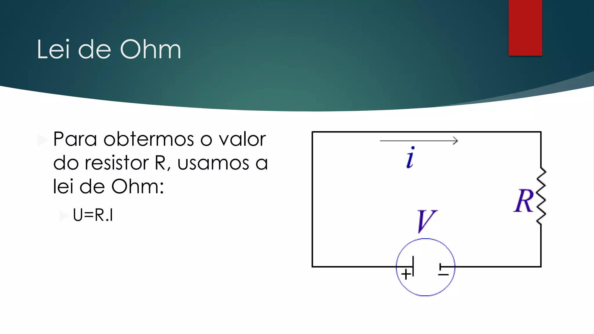 Lei de Ohm
 Para obtermos o valor
do resistor R, usamos a
lei de Ohm:
U=R.I
 