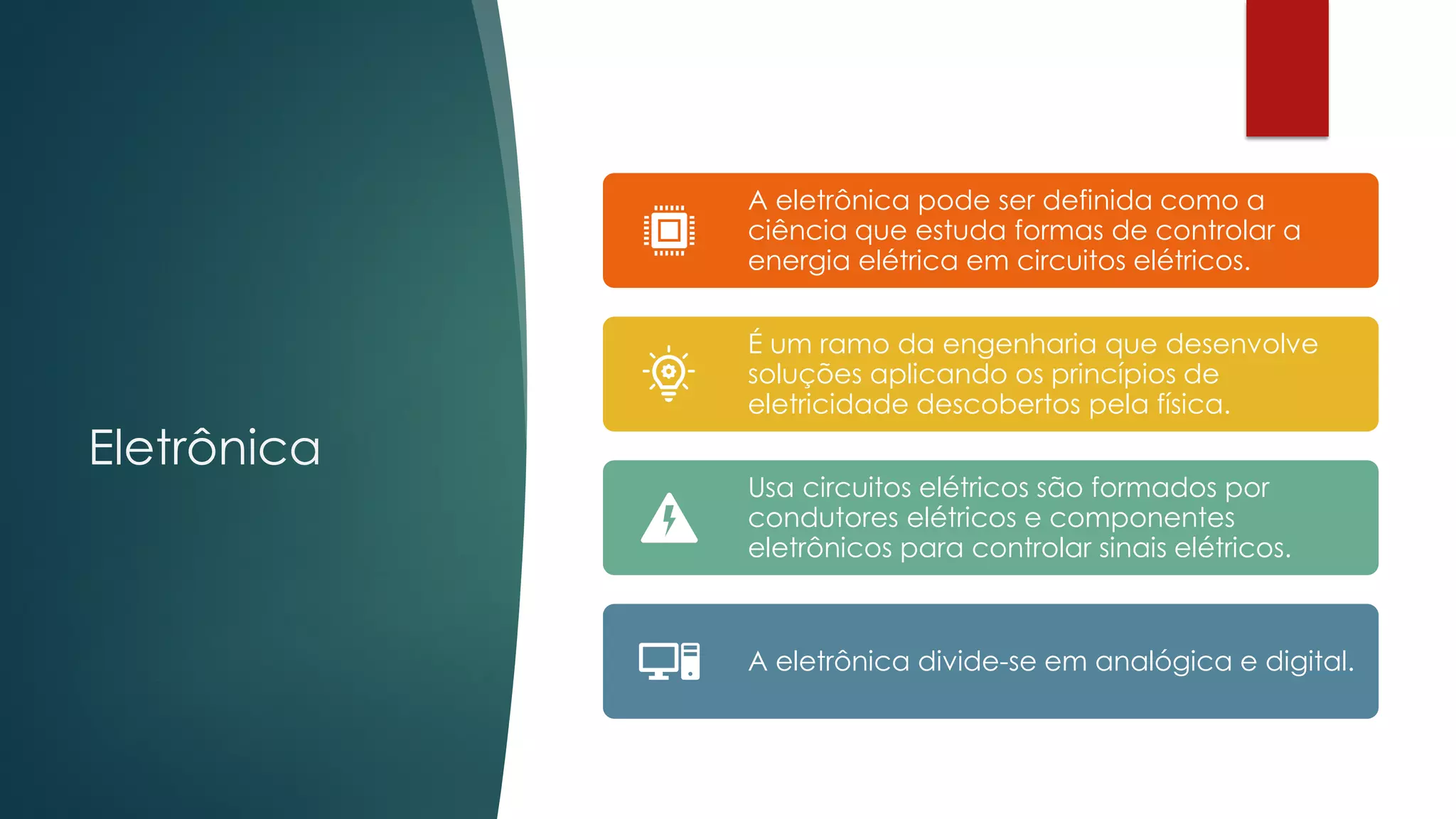 Eletrônica
A eletrônica pode ser definida como a
ciência que estuda formas de controlar a
energia elétrica em circuitos elétricos.
É um ramo da engenharia que desenvolve
soluções aplicando os princípios de
eletricidade descobertos pela física.
Usa circuitos elétricos são formados por
condutores elétricos e componentes
eletrônicos para controlar sinais elétricos.
A eletrônica divide-se em analógica e digital.
 