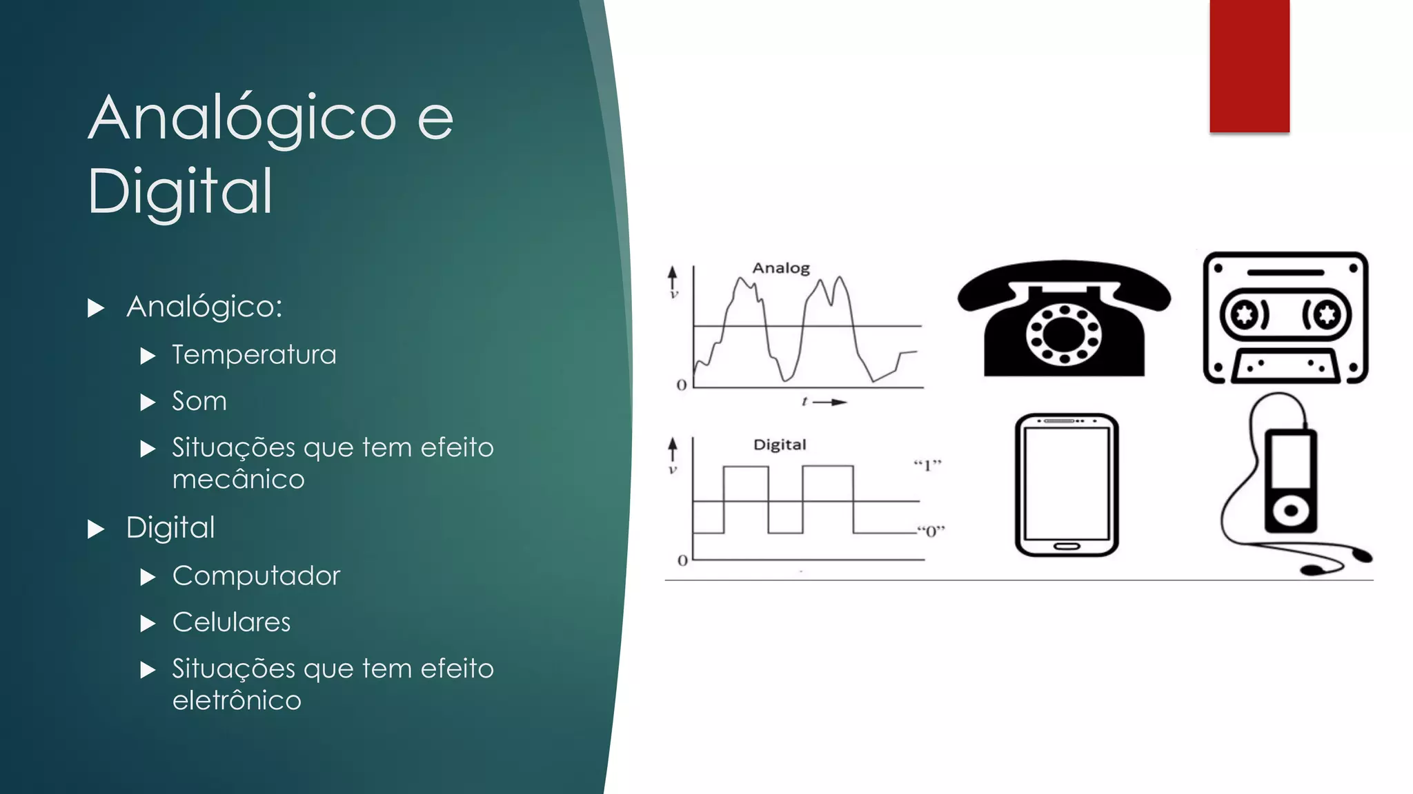 Analógico e
Digital
 Analógico:
 Temperatura
 Som
 Situações que tem efeito
mecânico
 Digital
 Computador
 Celulares
 Situações que tem efeito
eletrônico
 