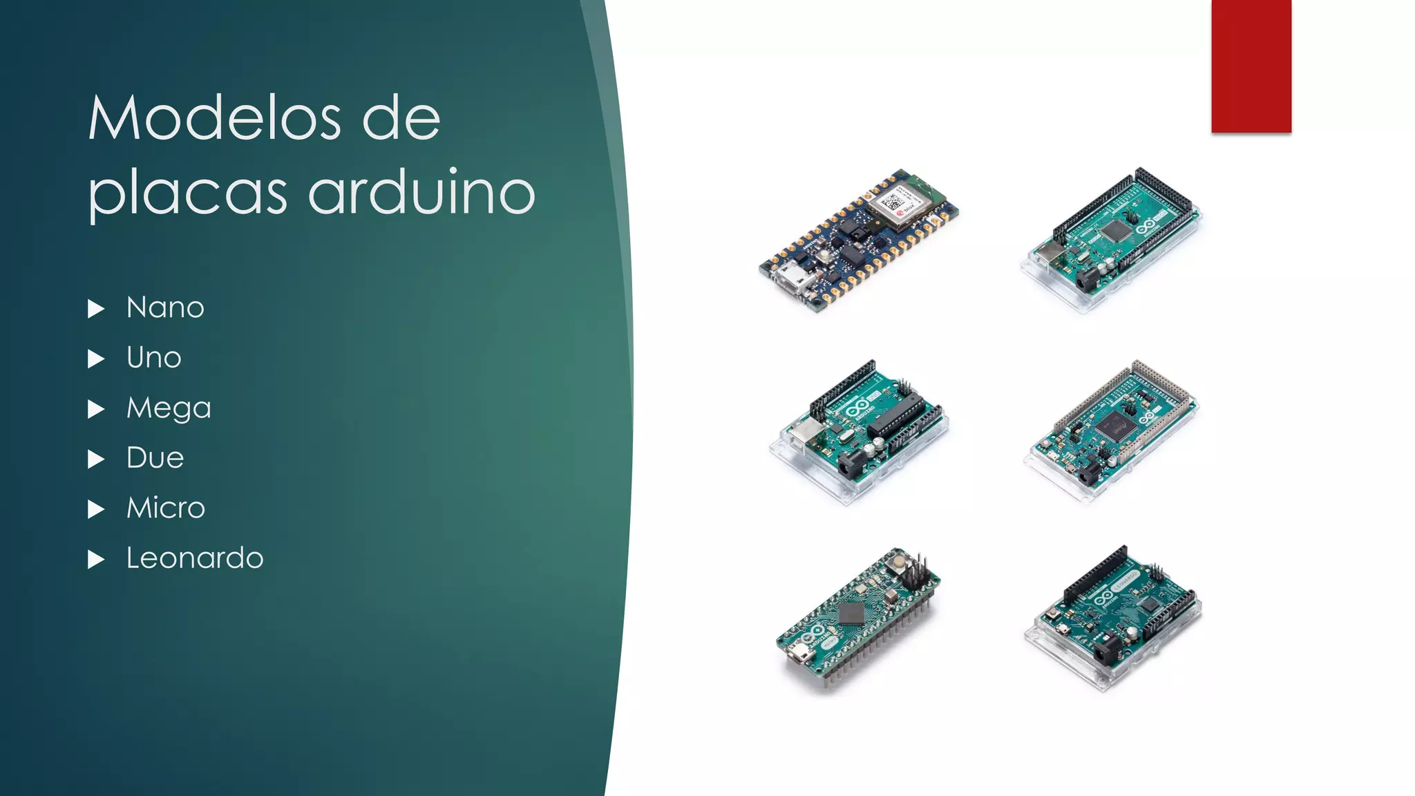 Modelos de
placas arduino
 Nano
 Uno
 Mega
 Due
 Micro
 Leonardo
 