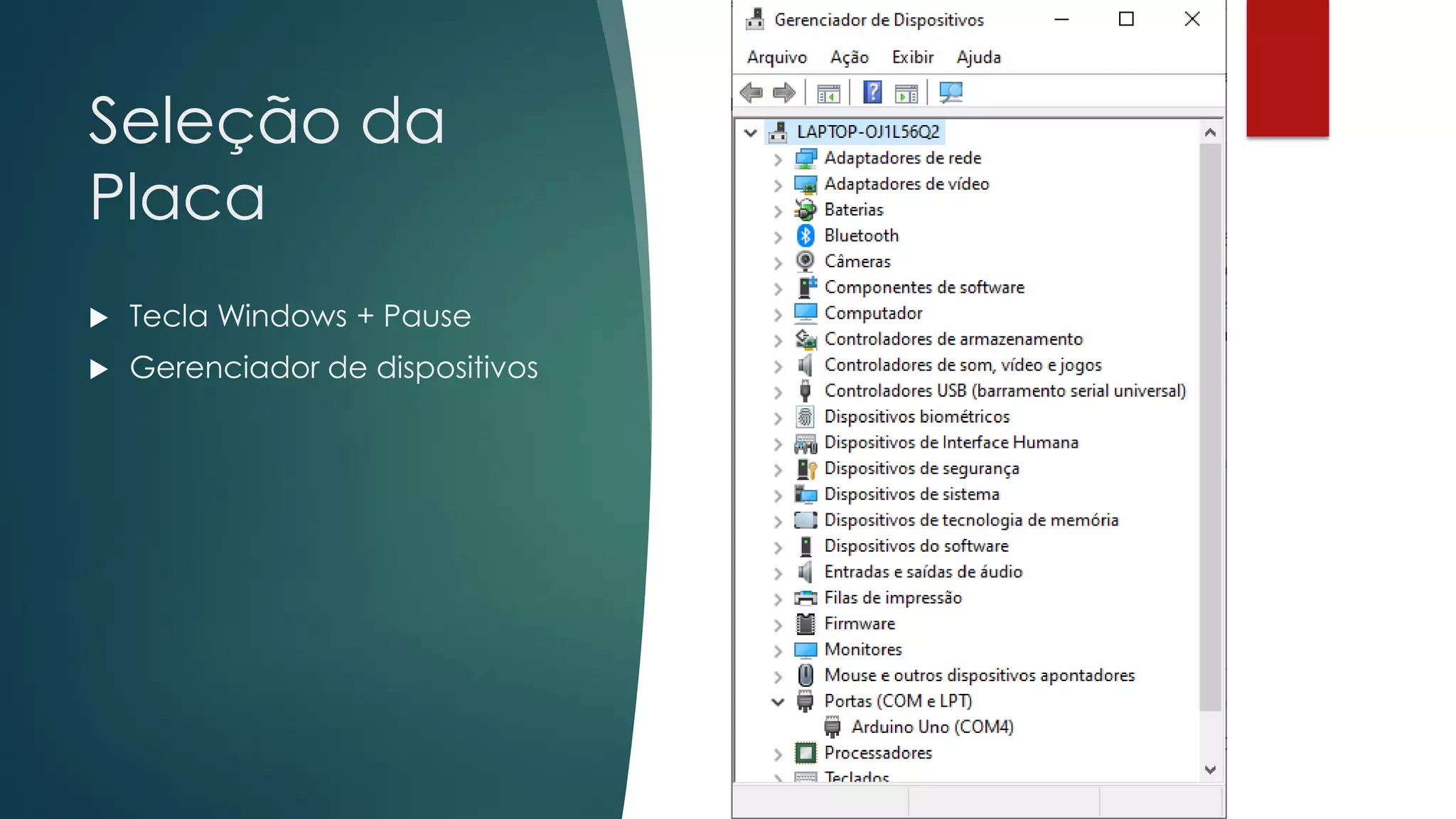 Seleção da
Placa
 Tecla Windows + Pause
 Gerenciador de dispositivos
 