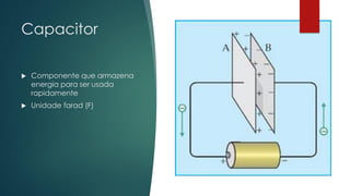 Capacitor
 Componente que armazena
energia para ser usada
rapidamente
 Unidade farad (F)
 
