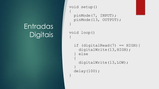 Entradas
Digitais
void setup()
{
pinMode(7, INPUT);
pinMode(13, OUTPUT);
}
void loop()
{
if (digitalRead(7) == HIGH){
digitalWrite(13,HIGH);
} else
{
digitalWrite(13,LOW);
}
delay(100);
}
 