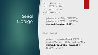 Serial
Código
int LED = 3;
int POTE = A0;
int valor = 0;
void setup()
{
pinMode (LED, OUTPUT);
pinMode (POTE, INPUT);
Serial.begin(9600);
}
void loop()
{
valor = analogRead(POTE);
analogWrite (LED, valor/4);
Serial.println (valor);
delay(1000);
}
 