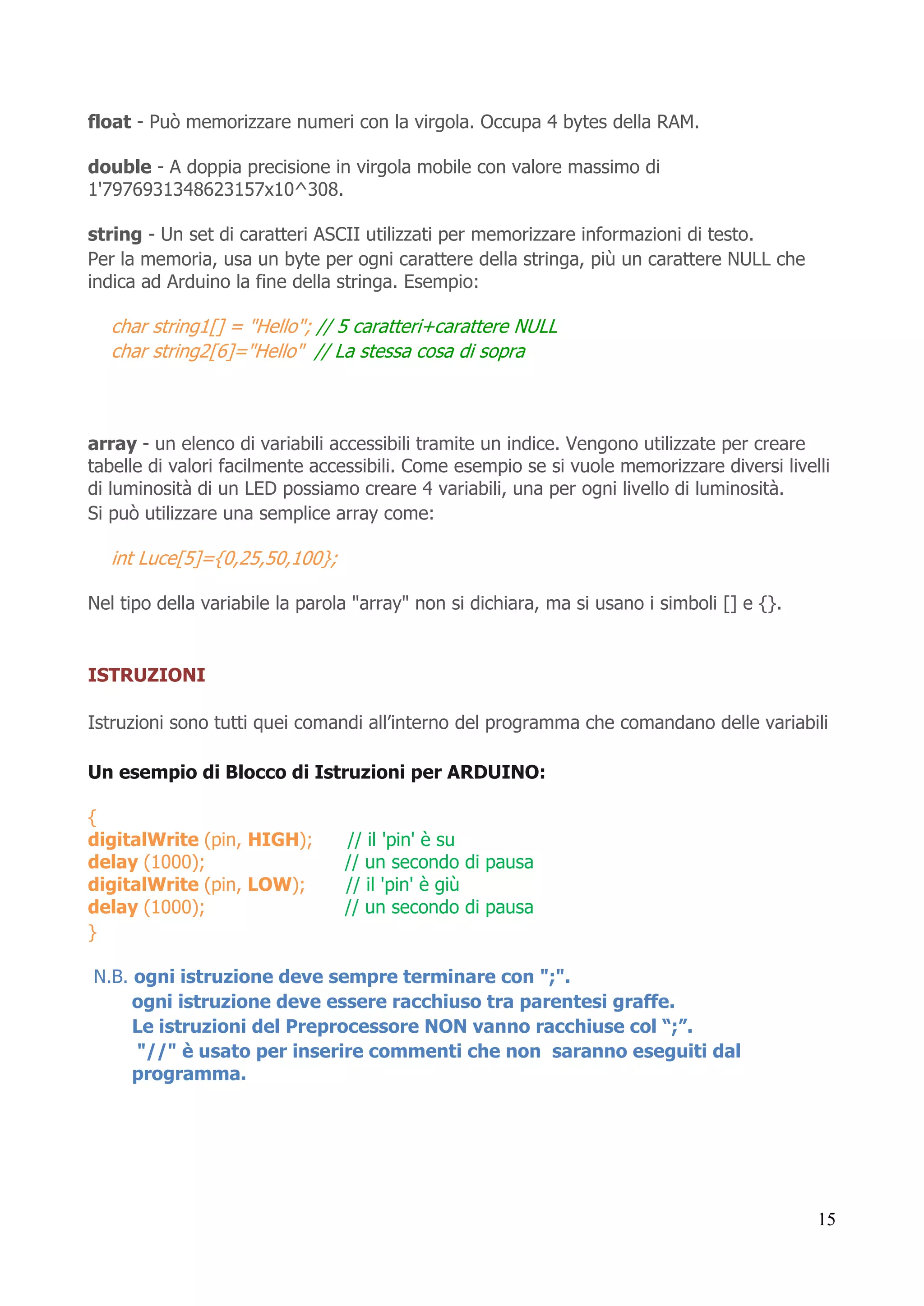 15
float - Può memorizzare numeri con la virgola. Occupa 4 bytes della RAM.
double - A doppia precisione in virgola mobile con valore massimo di
1'7976931348623157x10^308.
string - Un set di caratteri ASCII utilizzati per memorizzare informazioni di testo.
Per la memoria, usa un byte per ogni carattere della stringa, più un carattere NULL che
indica ad Arduino la fine della stringa. Esempio:
char string1[] = "Hello"; // 5 caratteri+carattere NULL
char string2[6]="Hello" // La stessa cosa di sopra
array - un elenco di variabili accessibili tramite un indice. Vengono utilizzate per creare
tabelle di valori facilmente accessibili. Come esempio se si vuole memorizzare diversi livelli
di luminosità di un LED possiamo creare 4 variabili, una per ogni livello di luminosità.
Si può utilizzare una semplice array come:
int Luce[5]={0,25,50,100};
Nel tipo della variabile la parola "array" non si dichiara, ma si usano i simboli [] e {}.
ISTRUZIONI
Istruzioni sono tutti quei comandi all’interno del programma che comandano delle variabili
Un esempio di Blocco di Istruzioni per ARDUINO:
{
digitalWrite (pin, HIGH); // il 'pin' è su
delay (1000); // un secondo di pausa
digitalWrite (pin, LOW); // il 'pin' è giù
delay (1000); // un secondo di pausa
}
N.B. ogni istruzione deve sempre terminare con ";".
ogni istruzione deve essere racchiuso tra parentesi graffe.
Le istruzioni del Preprocessore NON vanno racchiuse col “;”.
"//" è usato per inserire commenti che non saranno eseguiti dal
programma.
 