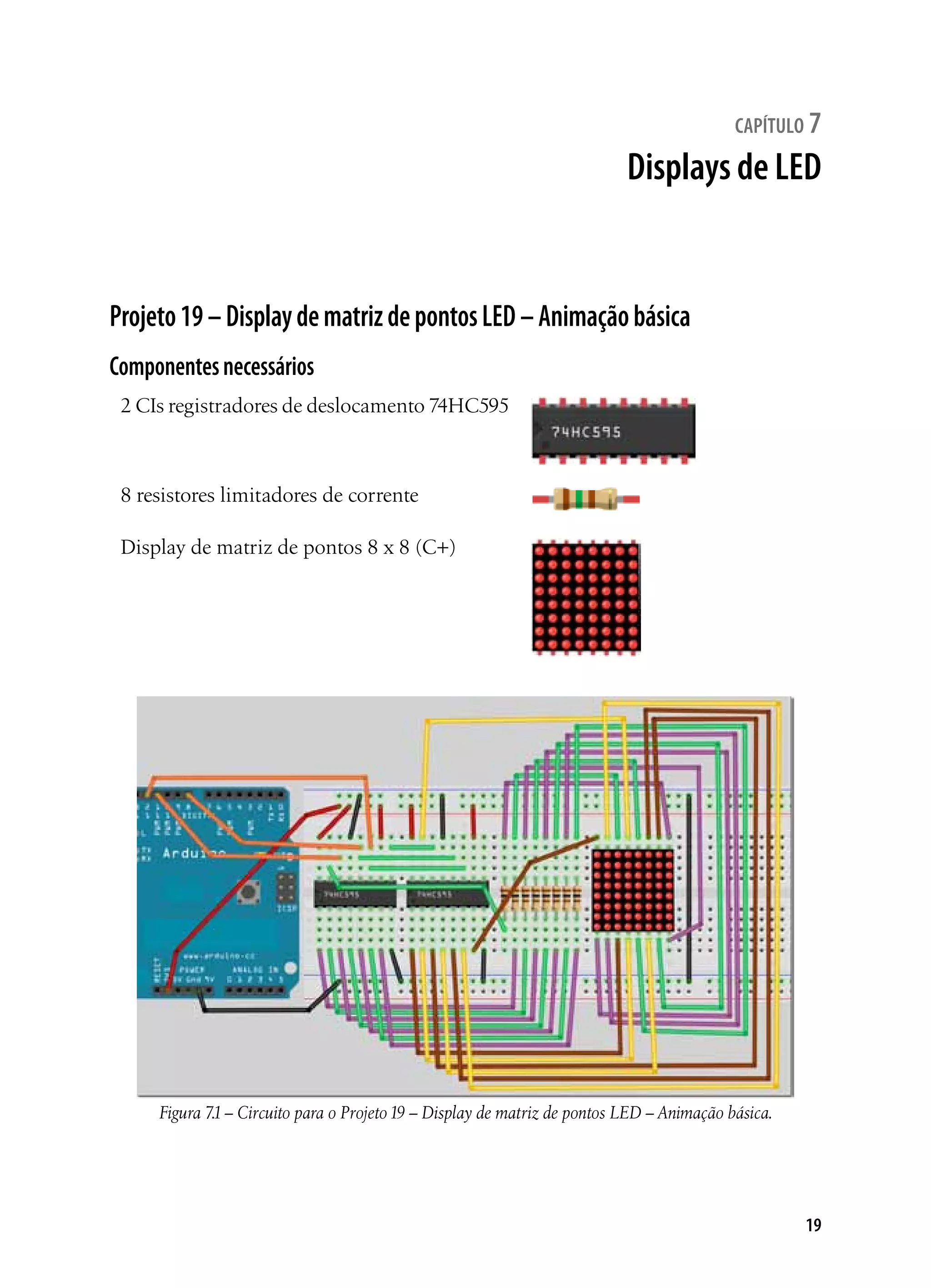 19
capítulo 7
Displays de LED
Projeto19–DisplaydematrizdepontosLED–Animaçãobásica
Componentesnecessários
2 CIs registradores de deslocamento 74HC595
8 resistores limitadores de corrente
Display de matriz de pontos 8 x 8 (C+)
Figura 7.1– Circuito para o Projeto19 – Display de matriz de pontos LED – Animação básica.
 