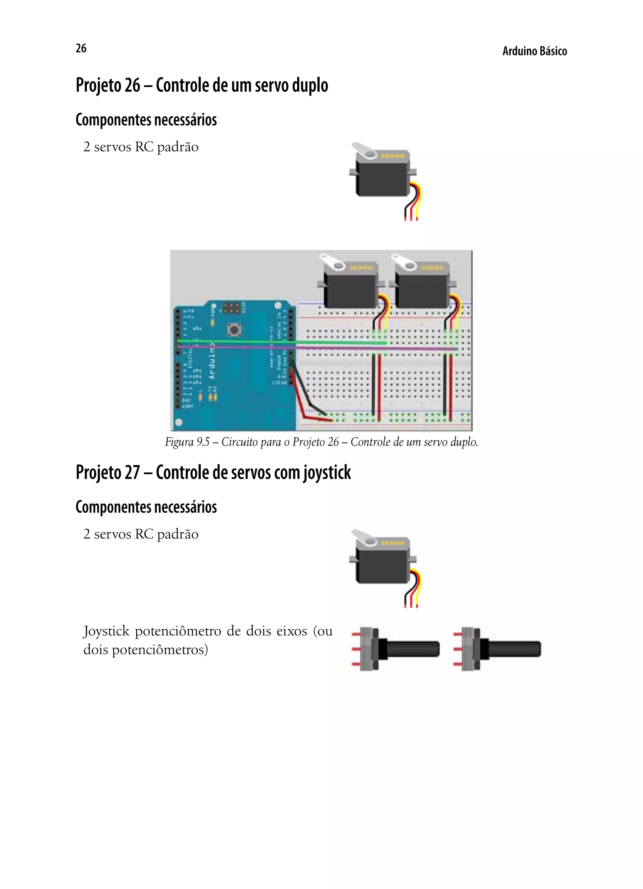 Arduino Básico26
Projeto26–Controledeumservoduplo
Componentesnecessários
2 servos RC padrão
Figura 9.5 – Circuito para o Projeto 26 – Controle de um servo duplo.
Projeto27–Controledeservoscomjoystick
Componentesnecessários
2 servos RC padrão
Joystick potenciômetro de dois eixos (ou
dois potenciômetros)
 