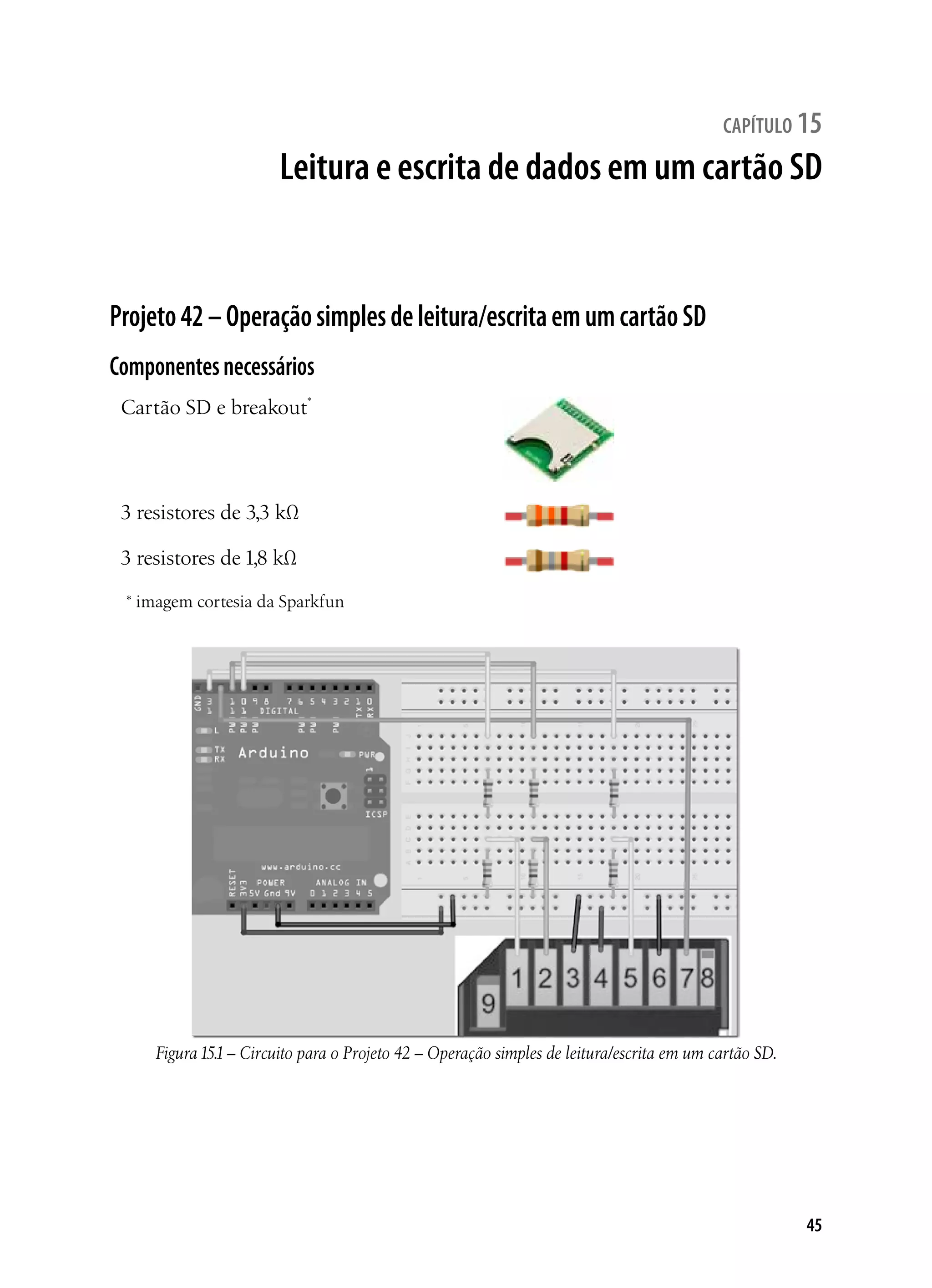 45
capítulo 15
Leitura e escrita de dados em um cartão SD
Projeto42–Operaçãosimplesdeleitura/escritaemumcartãoSD
Componentesnecessários
Cartão SD e breakout*
3 resistores de 3,3 kΩ
3 resistores de 1,8 kΩ
* imagem cortesia da Sparkfun
Figura15.1– Circuito para o Projeto 42 – Operação simples de leitura/escrita em um cartão SD.
 