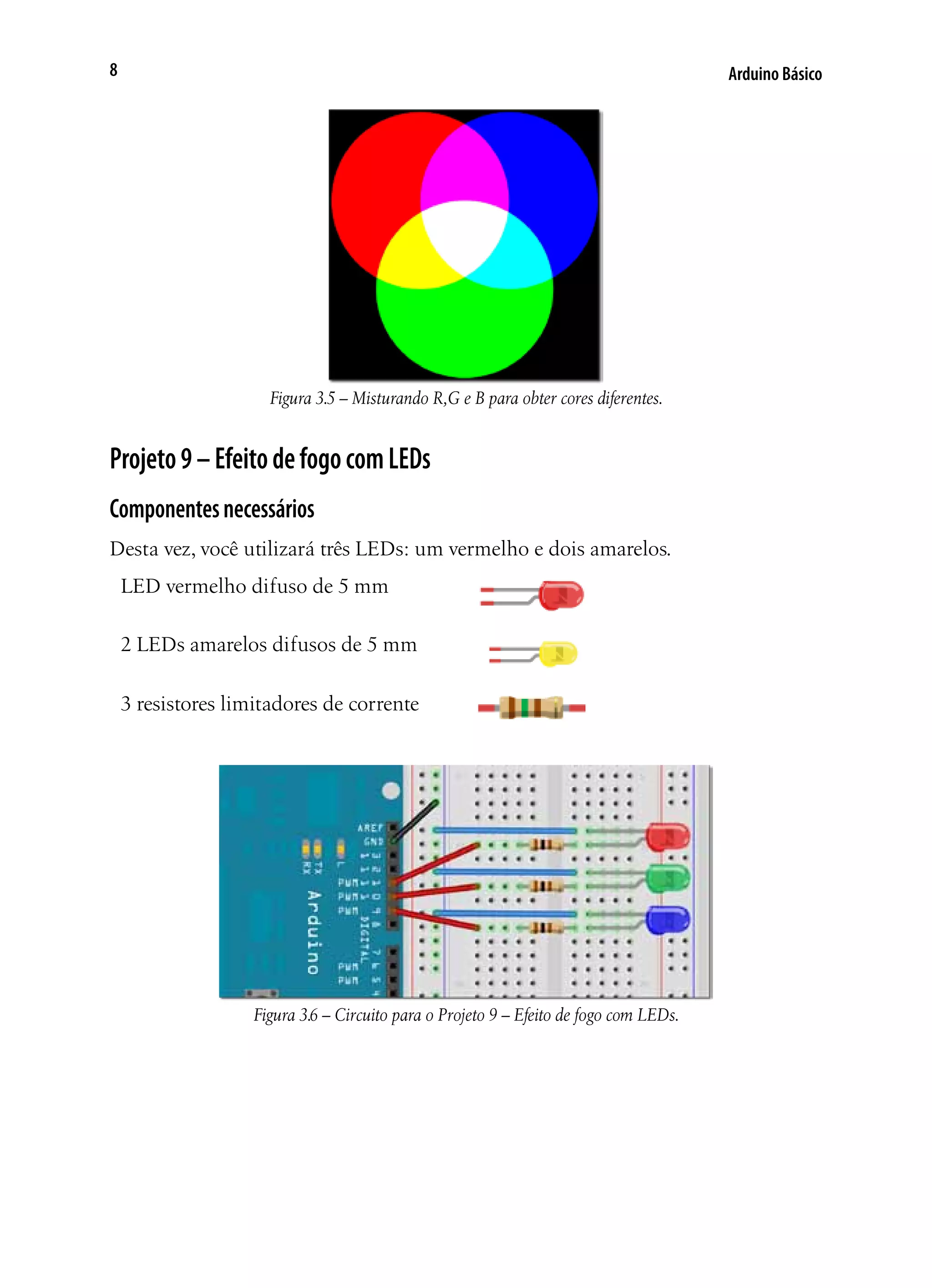 Arduino Básico8
Figura 3.5 – Misturando R,G e B para obter cores diferentes.
Projeto9–EfeitodefogocomLEDs
Componentesnecessários
Desta vez, você utilizará três LEDs: um vermelho e dois amarelos.
LED vermelho difuso de 5 mm
2 LEDs amarelos difusos de 5 mm
3 resistores limitadores de corrente
Figura 3.6 – Circuito para o Projeto 9 – Efeito de fogo com LEDs.
 