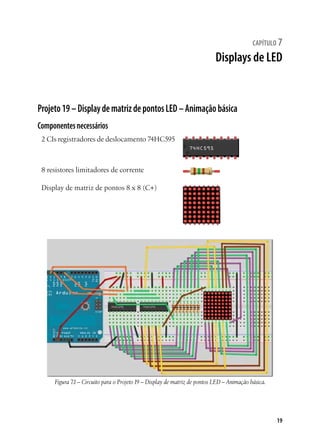 19
capítulo 7
Displays de LED
Projeto19–DisplaydematrizdepontosLED–Animaçãobásica
Componentesnecessários
2 CIs registradores de deslocamento 74HC595
8 resistores limitadores de corrente
Display de matriz de pontos 8 x 8 (C+)
Figura 7.1– Circuito para o Projeto19 – Display de matriz de pontos LED – Animação básica.
 