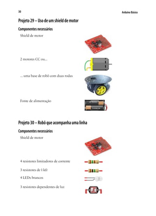 Arduino Básico30
Projeto29–Usodeumshielddemotor
Componentesnecessários
Shield de motor
2 motores CC ou...
... uma base de robô com duas rodas
Fonte de alimentação
Projeto30–Robôqueacompanhaumalinha
Componentesnecessários
Shield de motor
4 resistores limitadores de corrente
3 resistores de 1 kΩ
4 LEDs brancos
3 resistores dependentes de luz
 
