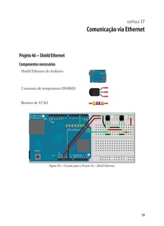53
capítulo 17
Comunicação via Ethernet
Projeto46–ShieldEthernet
Componentesnecessários
Shield Ethernet do Arduino
2 sensores de temperatura DS18B20
Resistor de 4,7 kΩ
Figura17.1– Circuito para o Projeto 46 – Shield Ethernet.
 