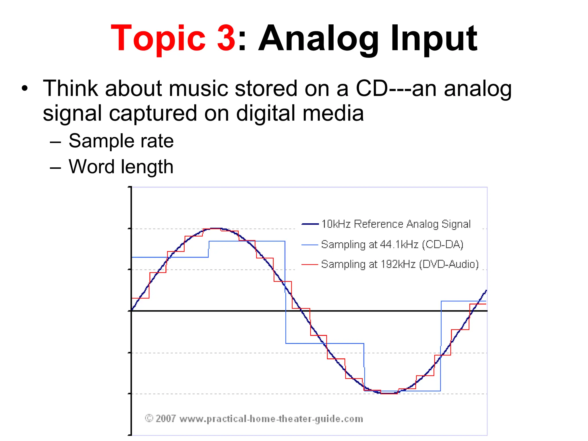 Topic 3: Analog Input
• Think about music stored on a CD---an analog
signal captured on digital media
– Sample rate
– Word length
 