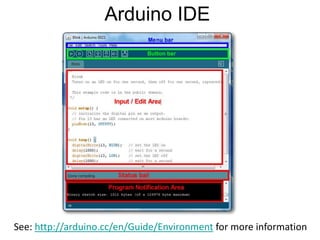 Arduino IDE
See: http://arduino.cc/en/Guide/Environment for more information
 