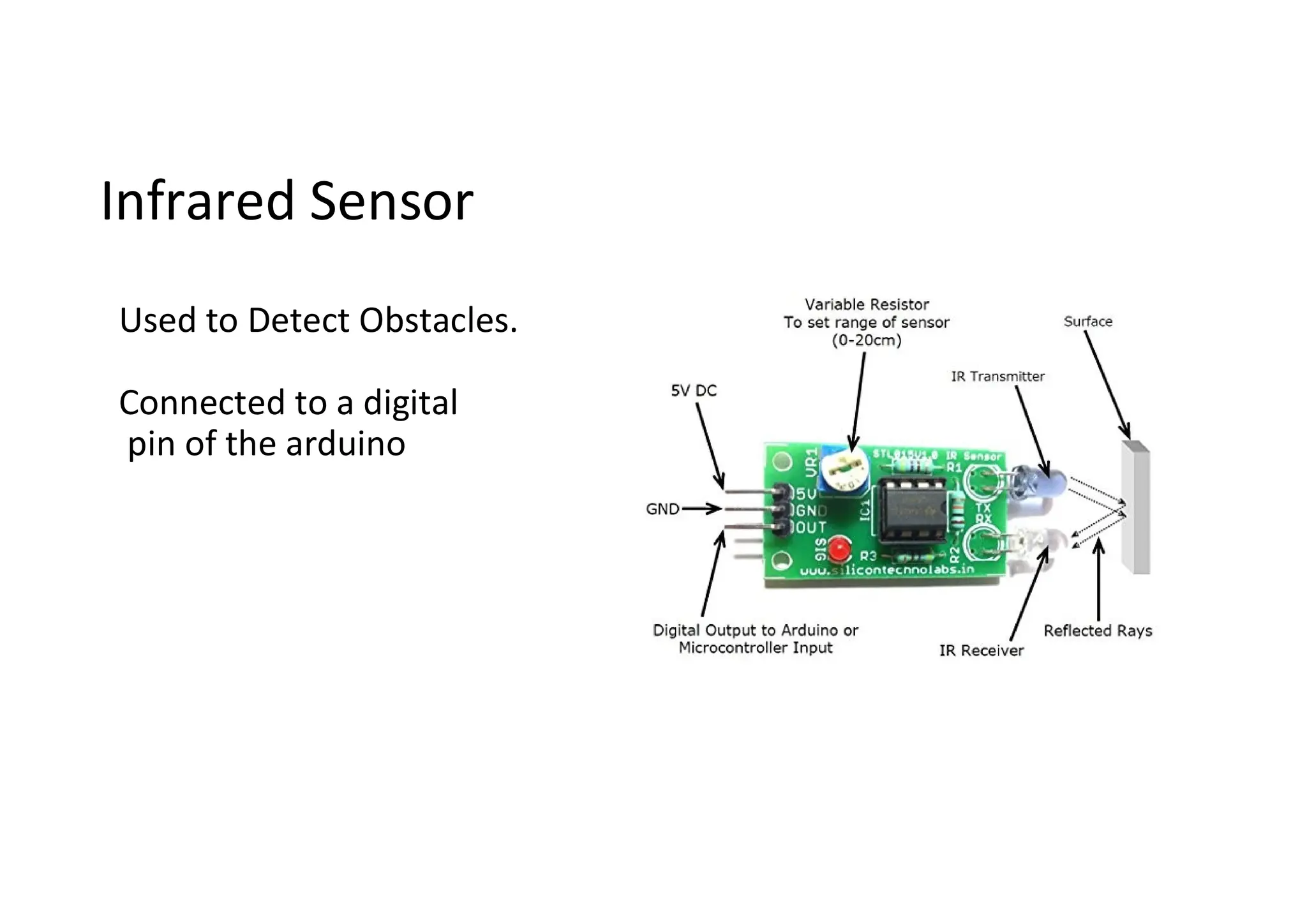 Infrared Sensor Used to Detect Obstacles. Connected to a digital pin of the arduino 