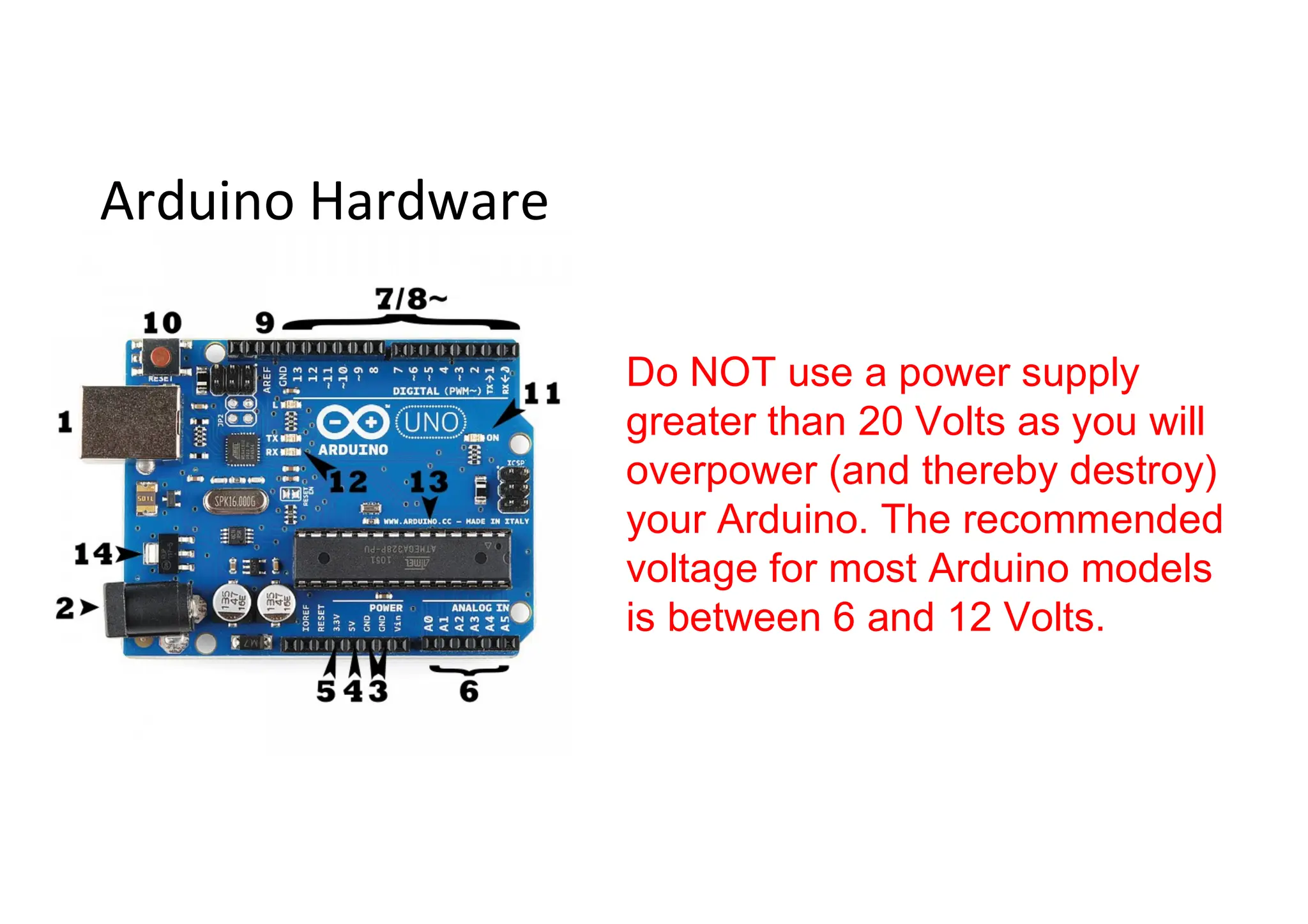 Arduino Hardware Do NOT use a power supply greater than 20 Volts as you will overpower (and thereby destroy) your Arduino. The recommended voltage for most Arduino models is between 6 and 12 Volts. 