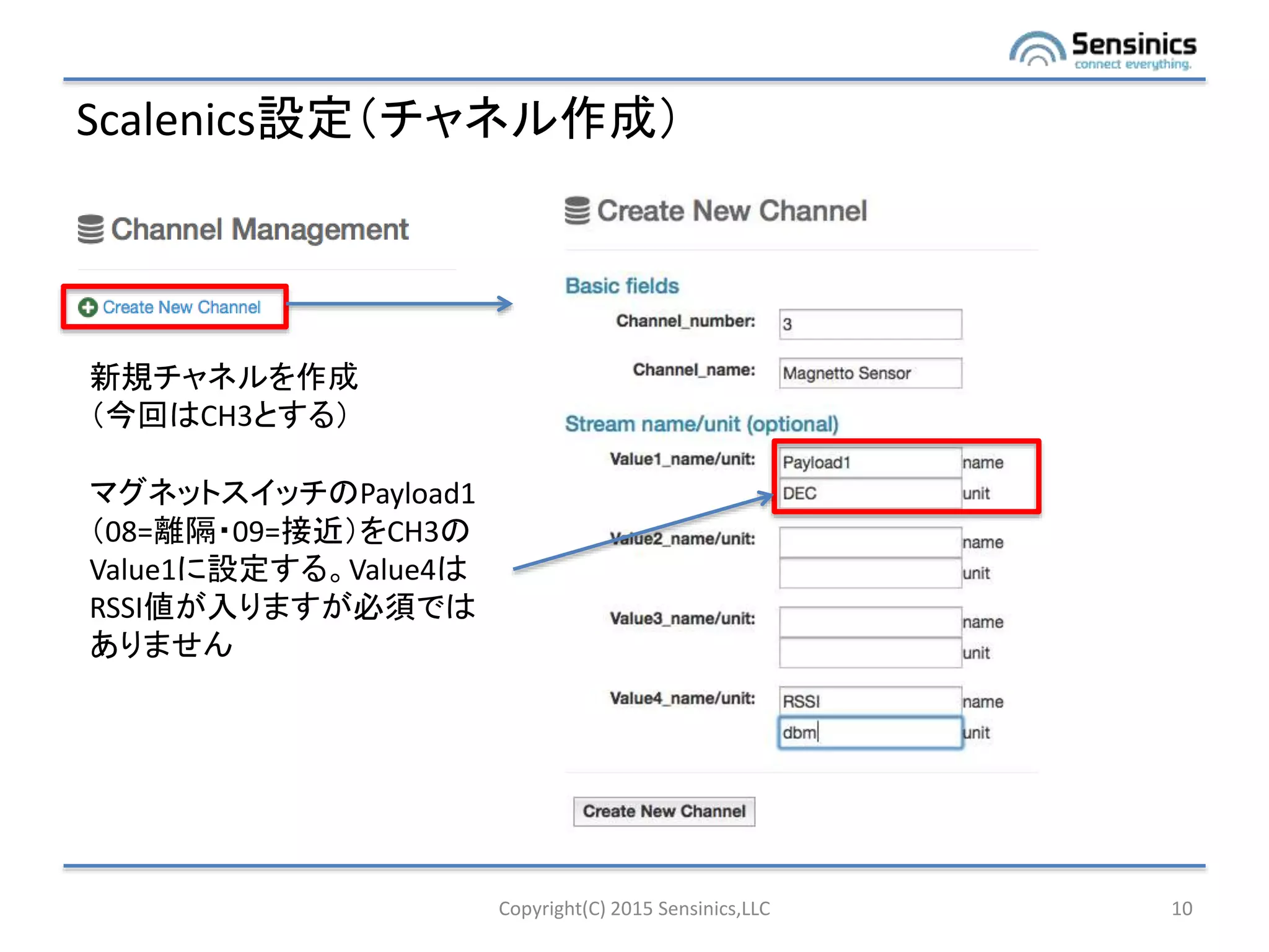 Scalenics設定（チャネル作成）
Copyright(C) 2015 Sensinics,LLC 10
新規チャネルを作成
（今回はCH3とする）
マグネットスイッチのPayload1
（08=離隔・09=接近）をCH3の
Value1に設定する。Value4は
RSSI値が入りますが必須では
ありません
 