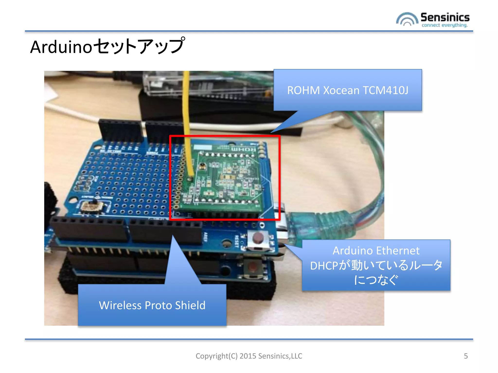 Arduinoセットアップ
Copyright(C) 2015 Sensinics,LLC 5
ROHM Xocean TCM410J
Arduino Ethernet
DHCPが動いているルータ
につなぐ
Wireless Proto Shield
 