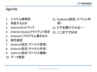 Agenda
1. システム概要図
2. 用意するもの
3. Arduinoセットアップ
4. Arduino-Xoceanクライアント設定
5. Arduinoにプログラム書き込み
6. 動作確認
7. Scalenics設定（デバイス管理）
8. Scalenics設定（チャネル作成）
9. Scalenics設定（デバイス編集）
10. データ確認
Copyright(C) 2015 Sensinics,LLC 2
11. Scalenics設定（イベント作
成）
12. ドアを開けてみる・・・
13. ここまでで90分
 