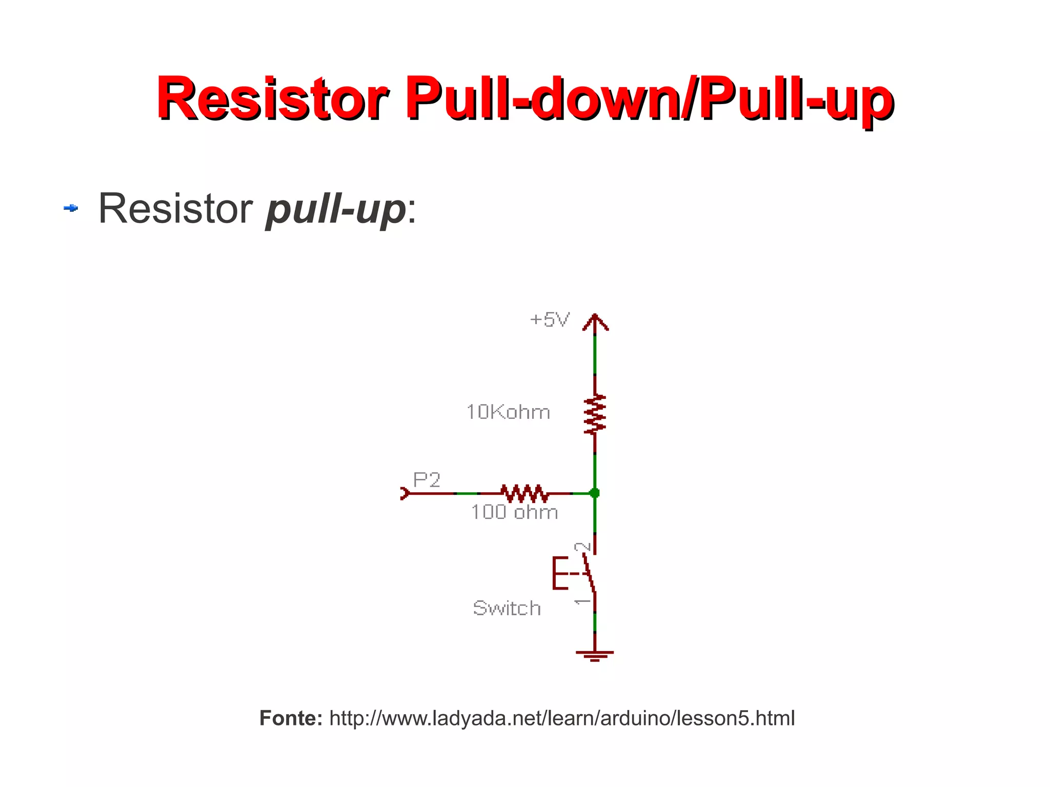 Resistor Pull-down/Pull-up
Resistor pull-up:




        Fonte: http://www.ladyada.net/learn/arduino/lesson5.html
 