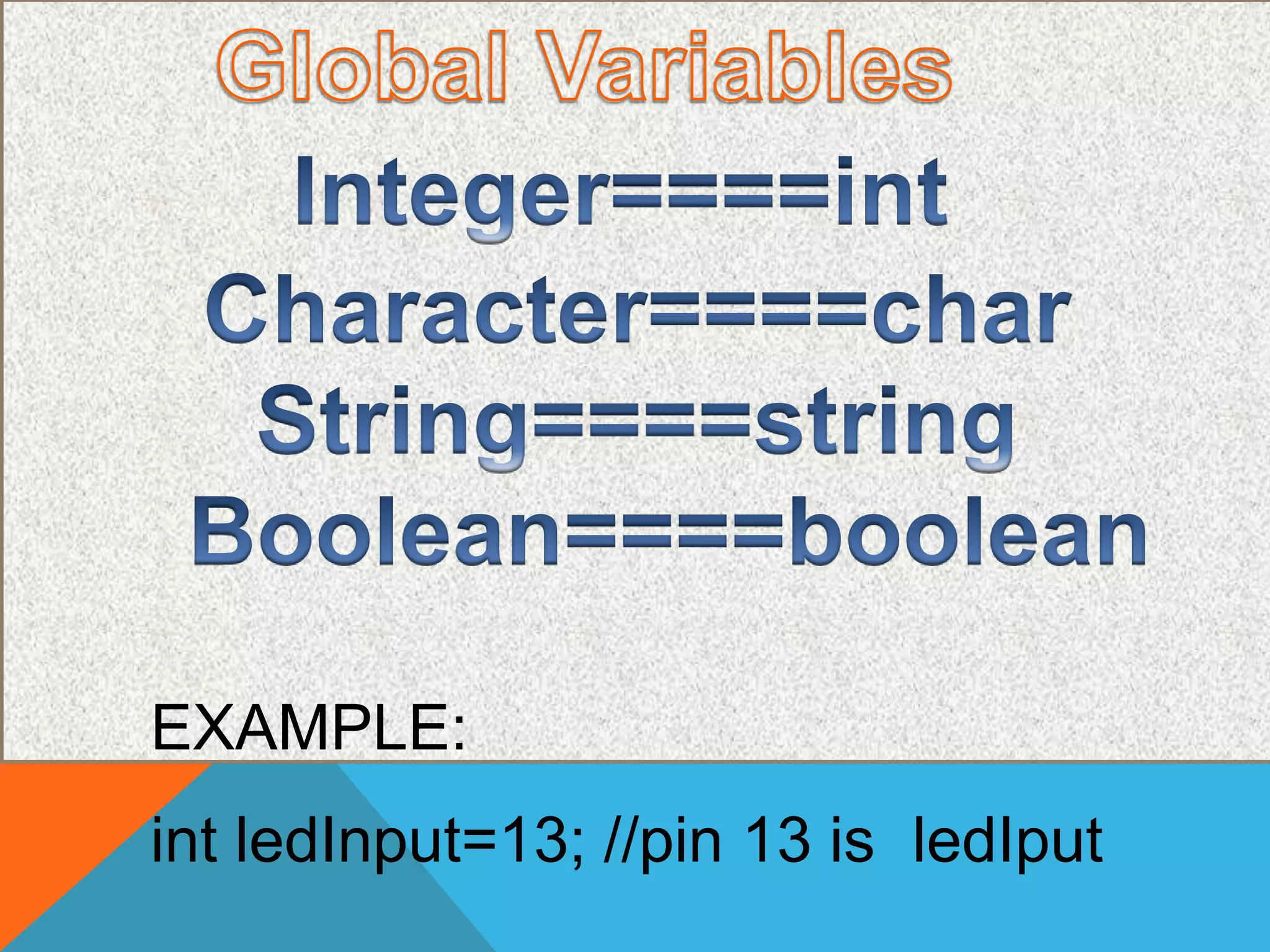 int ledInput=13; //pin 13 is ledIput
EXAMPLE:
 