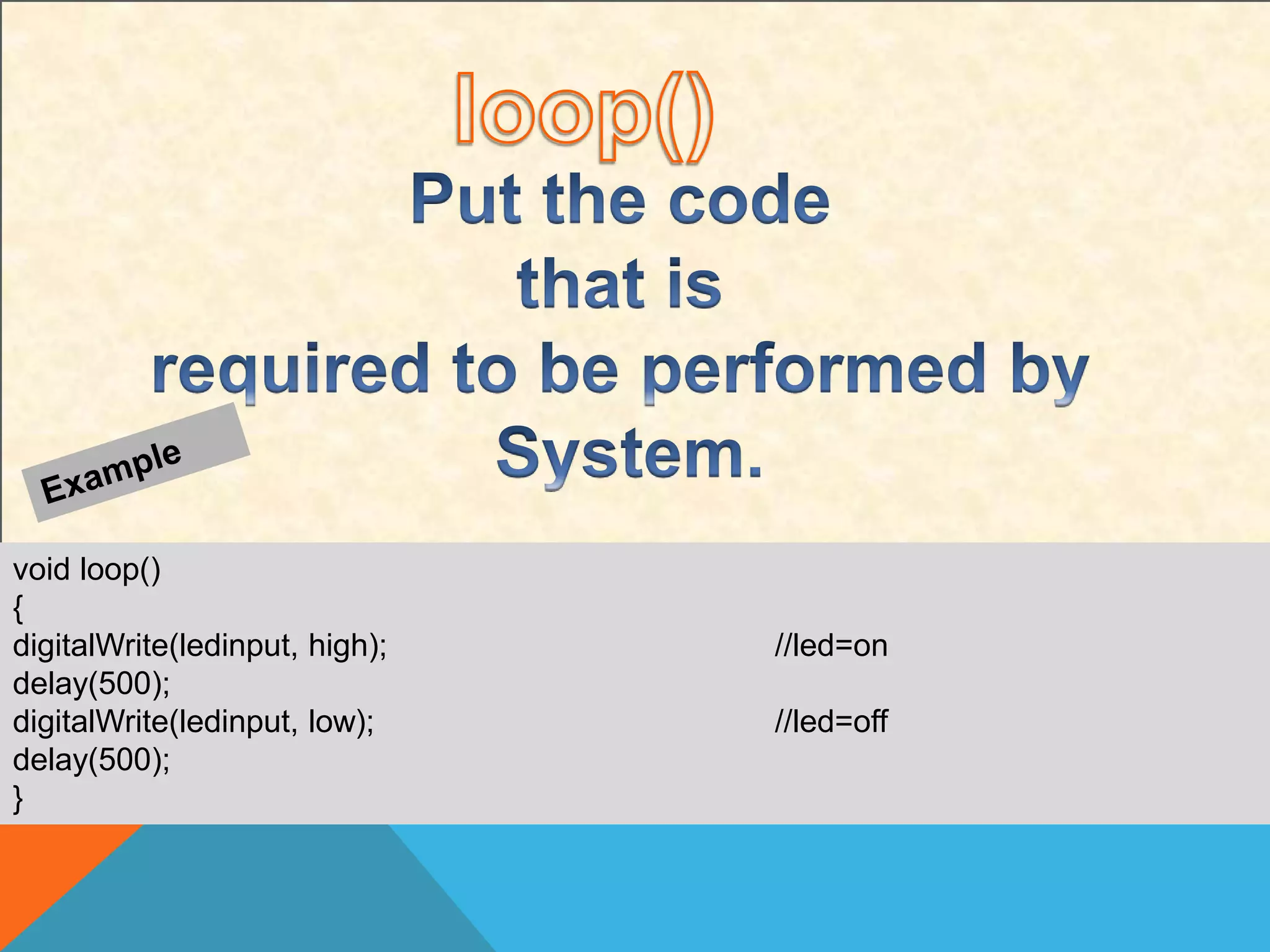 void loop()
{
digitalWrite(ledinput, high); //led=on
delay(500);
digitalWrite(ledinput, low); //led=off
delay(500);
}
 