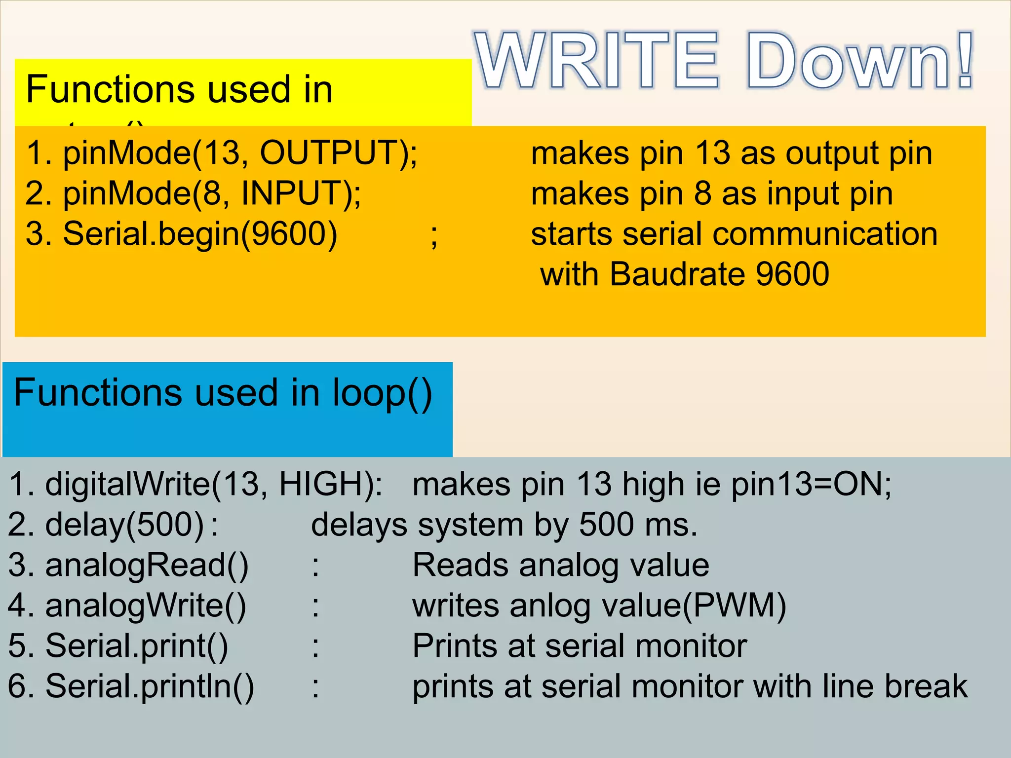 Functions used in
setup()1. pinMode(13, OUTPUT); makes pin 13 as output pin
2. pinMode(8, INPUT); makes pin 8 as input pin
3. Serial.begin(9600) ; starts serial communication
with Baudrate 9600
Functions used in loop()
1. digitalWrite(13, HIGH): makes pin 13 high ie pin13=ON;
2. delay(500) : delays system by 500 ms.
3. analogRead() : Reads analog value
4. analogWrite() : writes anlog value(PWM)
5. Serial.print() : Prints at serial monitor
6. Serial.println() : prints at serial monitor with line break
 