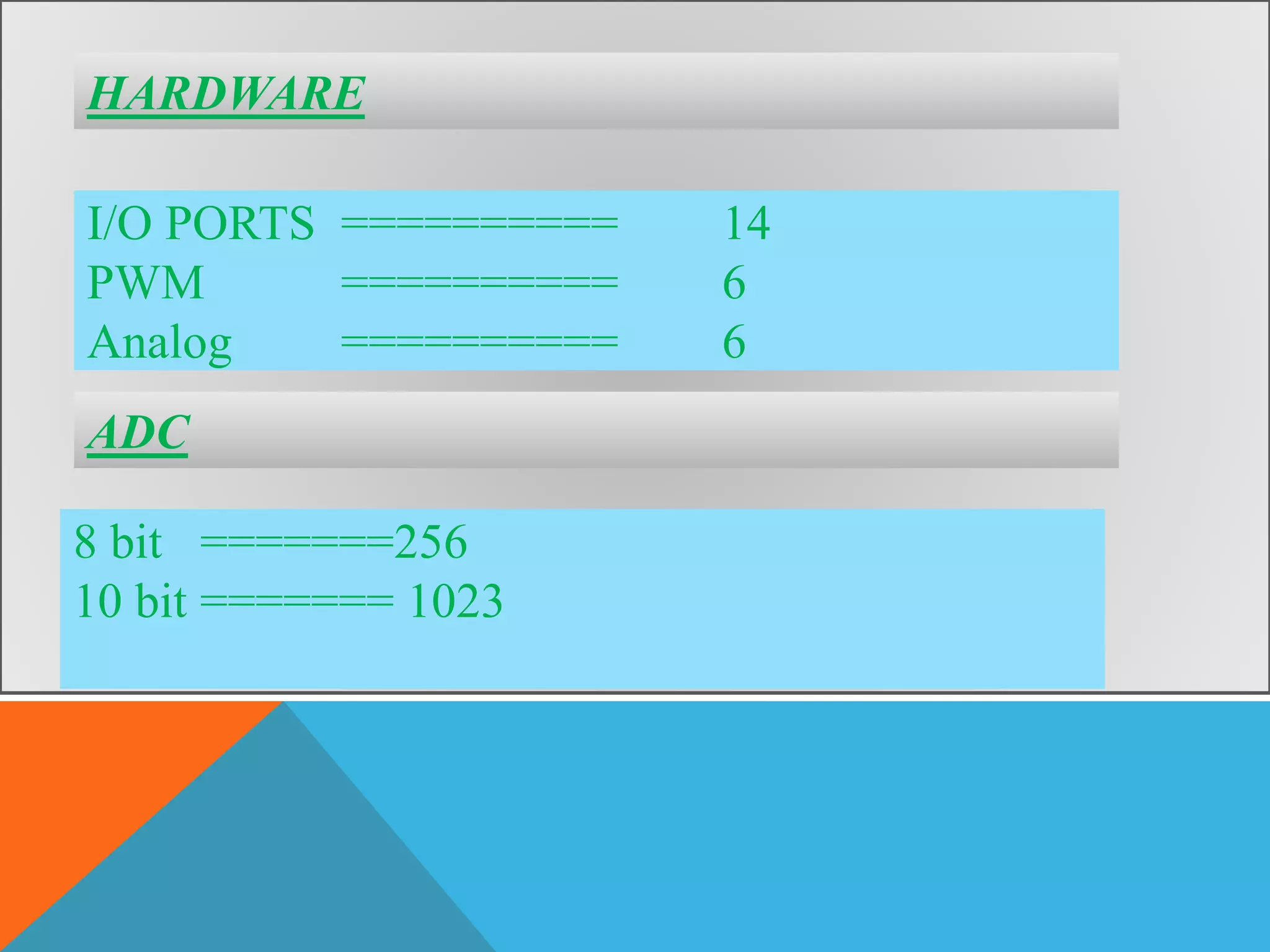 HARDWARE
I/O PORTS ========== 14
PWM ========== 6
Analog ========== 6
8 bit =======256
10 bit ======= 1023
ADC
 