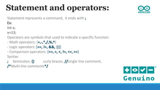 Statement and operators:
Statement represents a command, it ends with ;
Ex:
int x;
x=13;
Operators are symbols that used to indicate a specific function:
- Math operators: [+,-,*,/,%,^]
- Logic operators: [==, !=, &&, ||]
- Comparison operators: [==, >, <, !=, <=, >=]
Syntax:
; Semicolon, {} curly braces, //single line comment,
/*Multi-line comments*/
 