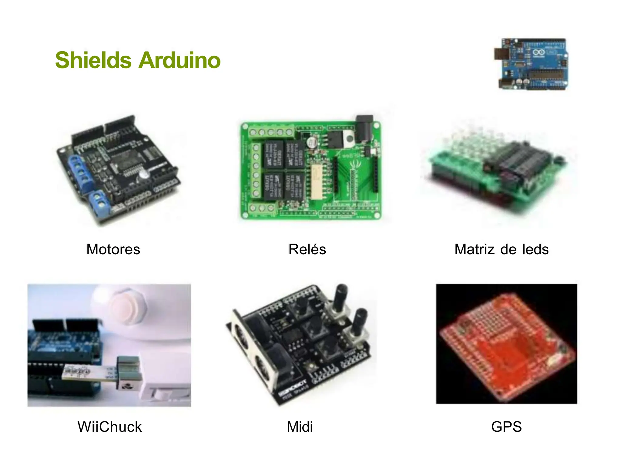 Shields Arduino
Motores Relés Matriz de leds
WiiChuck Midi GPS
 