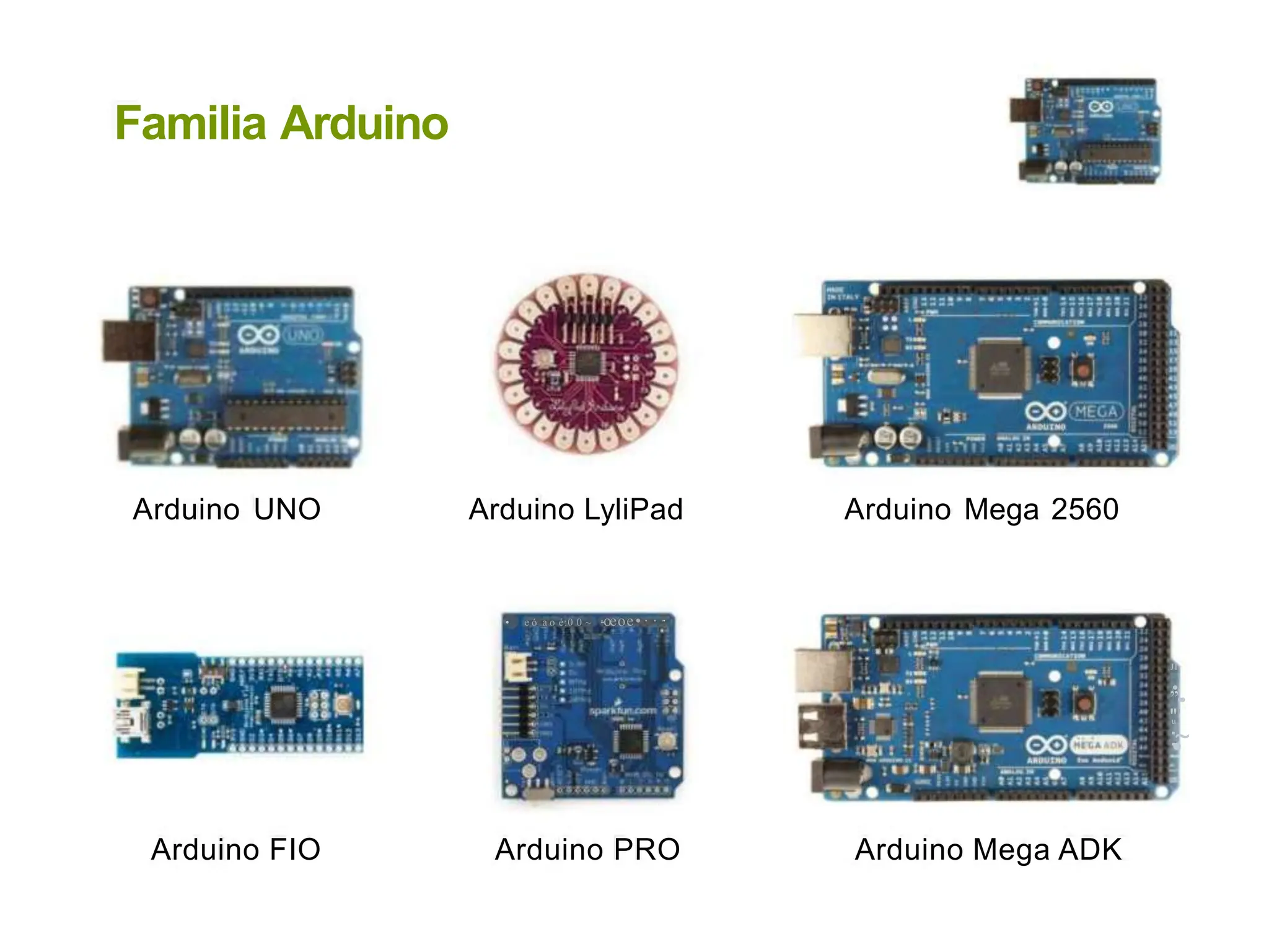 Familia Arduino
Arduino UNO Arduino LyliPad Arduino Mega 2560
• e ó _
a o é:0 0 ~ ·
-o
·
eoe• · ··
·
...
,JI
,,
"
u'J
:•
~
Arduino FIO Arduino PRO Arduino Mega ADK
 