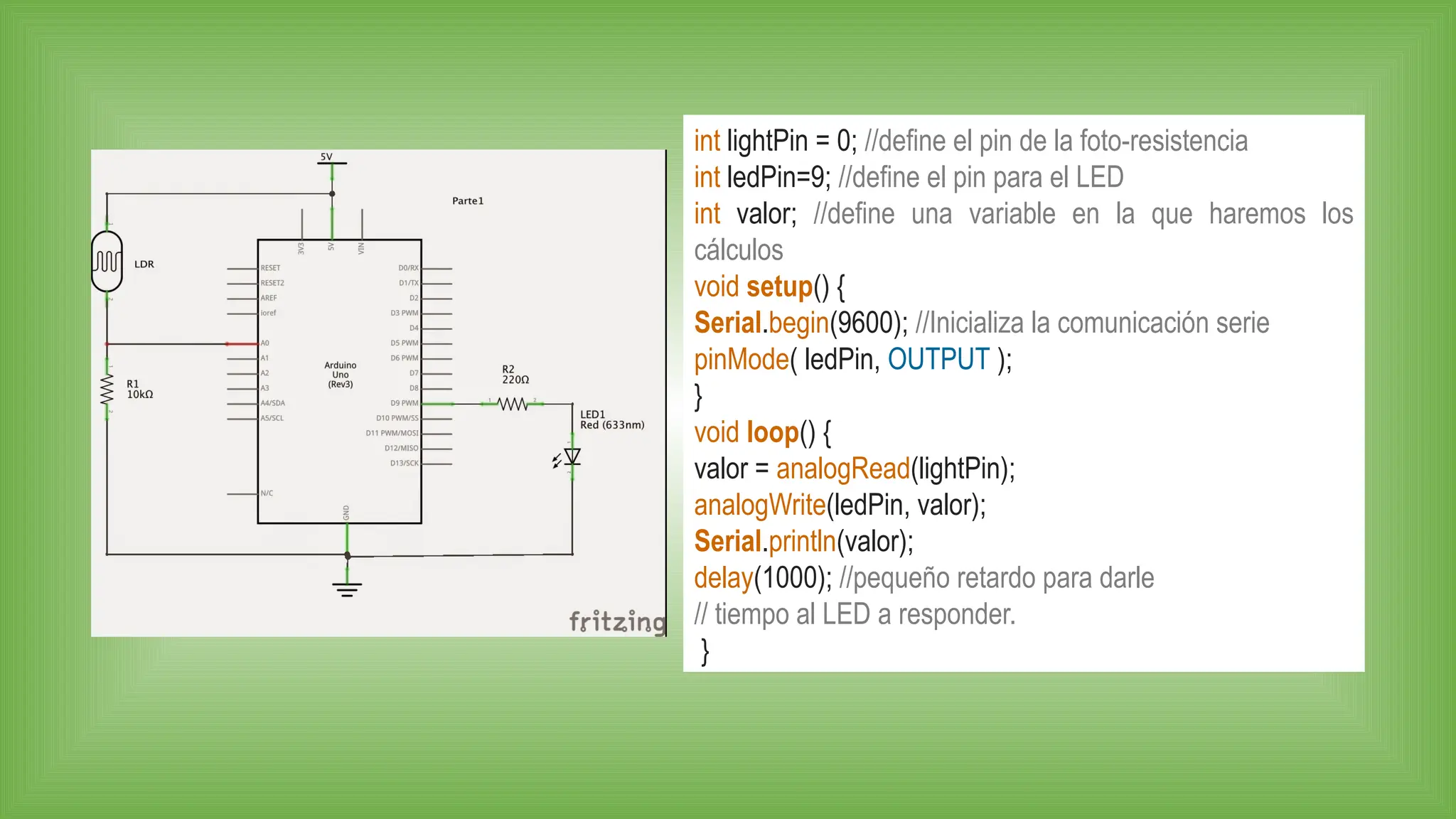 int lightPin = 0; //define el pin de la foto-resistencia
int ledPin=9; //define el pin para el LED
int valor; //define una variable en la que haremos los
cálculos
void setup() {
Serial.begin(9600); //Inicializa la comunicación serie
pinMode( ledPin, OUTPUT );
}
void loop() {
valor = analogRead(lightPin);
analogWrite(ledPin, valor);
Serial.println(valor);
delay(1000); //pequeño retardo para darle
// tiempo al LED a responder.
}
 