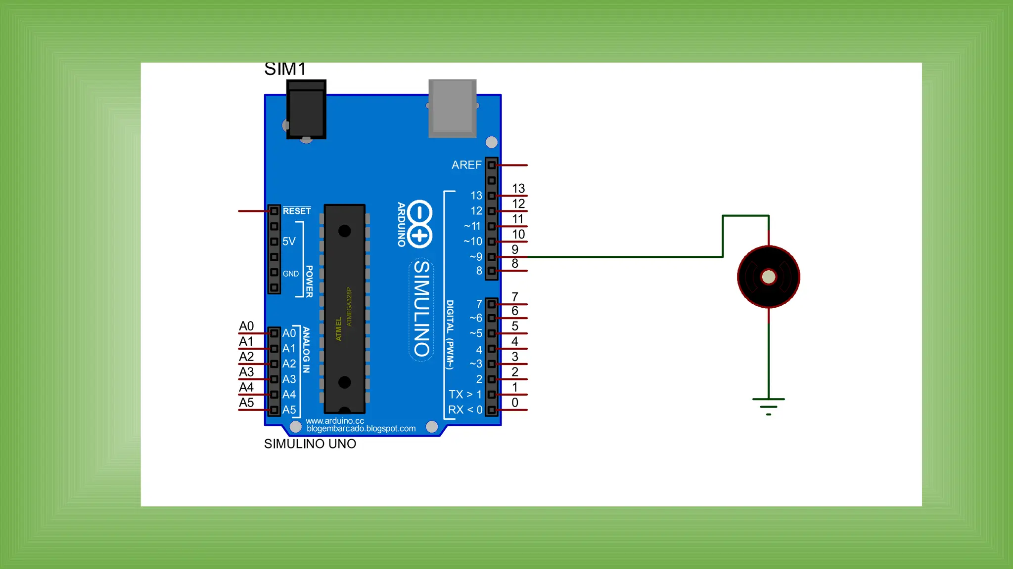 DIGITAL
(PWM~)
ANALOG
IN
AREF
13
12
~11
~10
RX < 0
~9
8
7
~6
~5
4
~3
2
TX > 1
SIMULINO
ARDUINO
A0
A1
A2
A3
A4
A5
RESET
5V
GND
POWER
ATMEGA328P
ATMEL
www.arduino.cc
blogembarcado.blogspot.com
0
1
2
3
4
5
6
7
8
9
10
11
12
13
A5
A4
A3
A2
A1
A0
SIM1
SIMULINO UNO
 