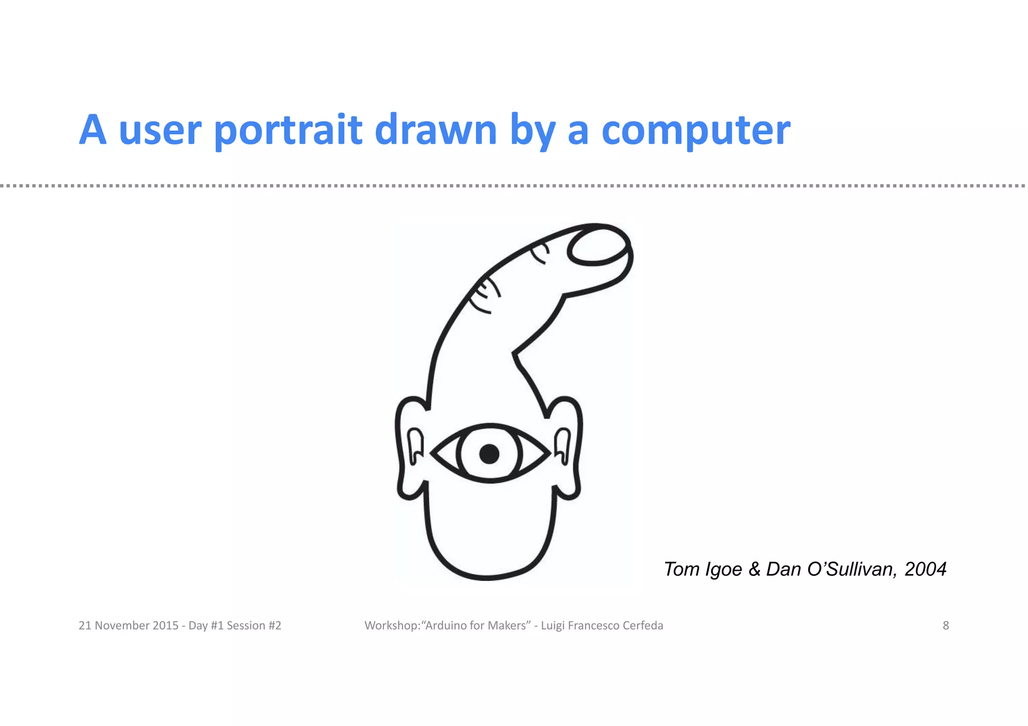 A user portrait drawn by a computer 21 November 2015 - Day #1 Session #2 Workshop:“Arduino for Makers” - Luigi Francesco Cerfeda 8 Tom Igoe & Dan O’Sullivan, 2004 