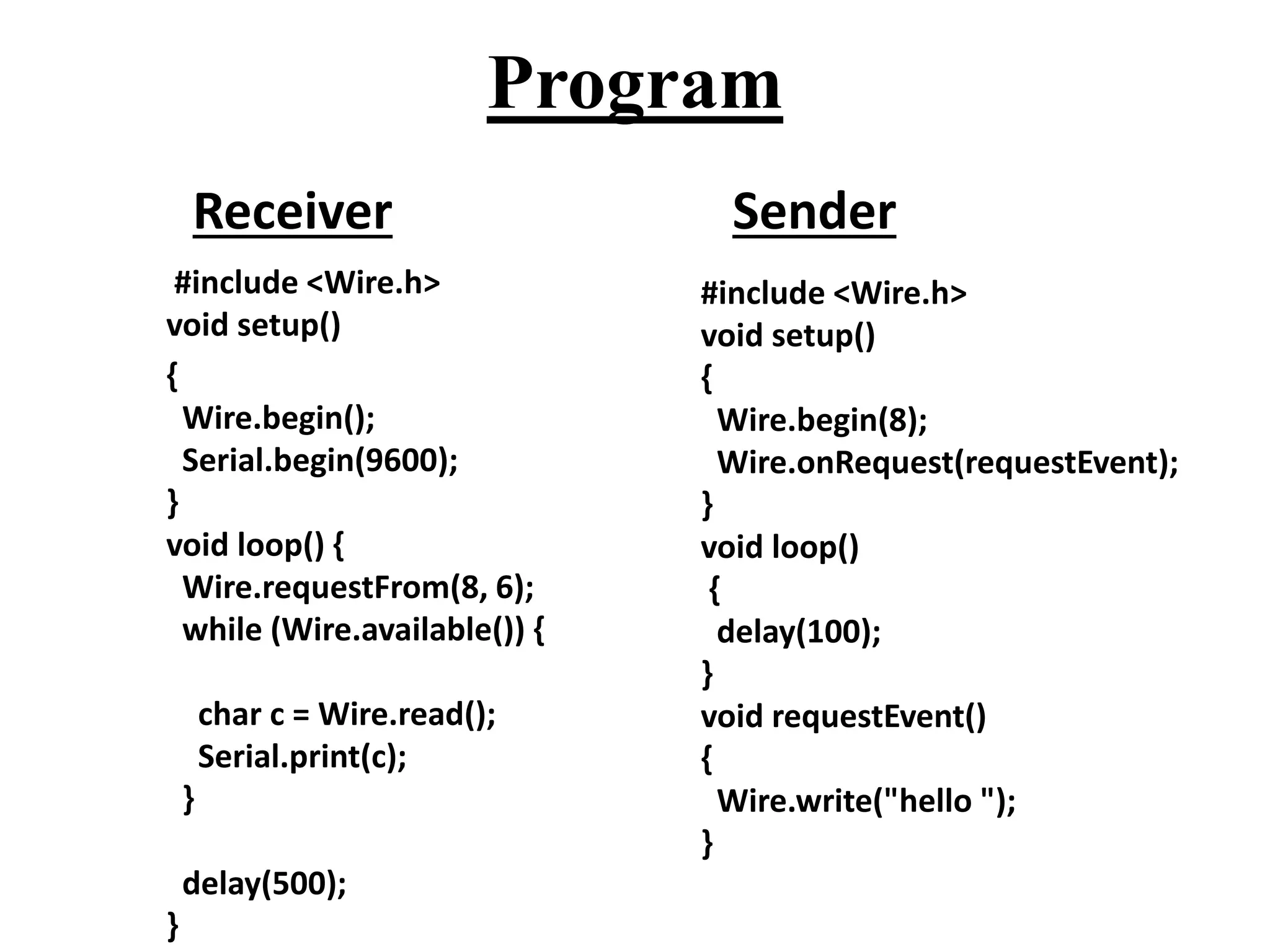 Program
#include <Wire.h>
void setup()
{
Wire.begin();
Serial.begin(9600);
}
void loop() {
Wire.requestFrom(8, 6);
while (Wire.available()) {
char c = Wire.read();
Serial.print(c);
}
delay(500);
}
#include <Wire.h>
void setup()
{
Wire.begin(8);
Wire.onRequest(requestEvent);
}
void loop()
{
delay(100);
}
void requestEvent()
{
Wire.write("hello ");
}
Receiver Sender
 
