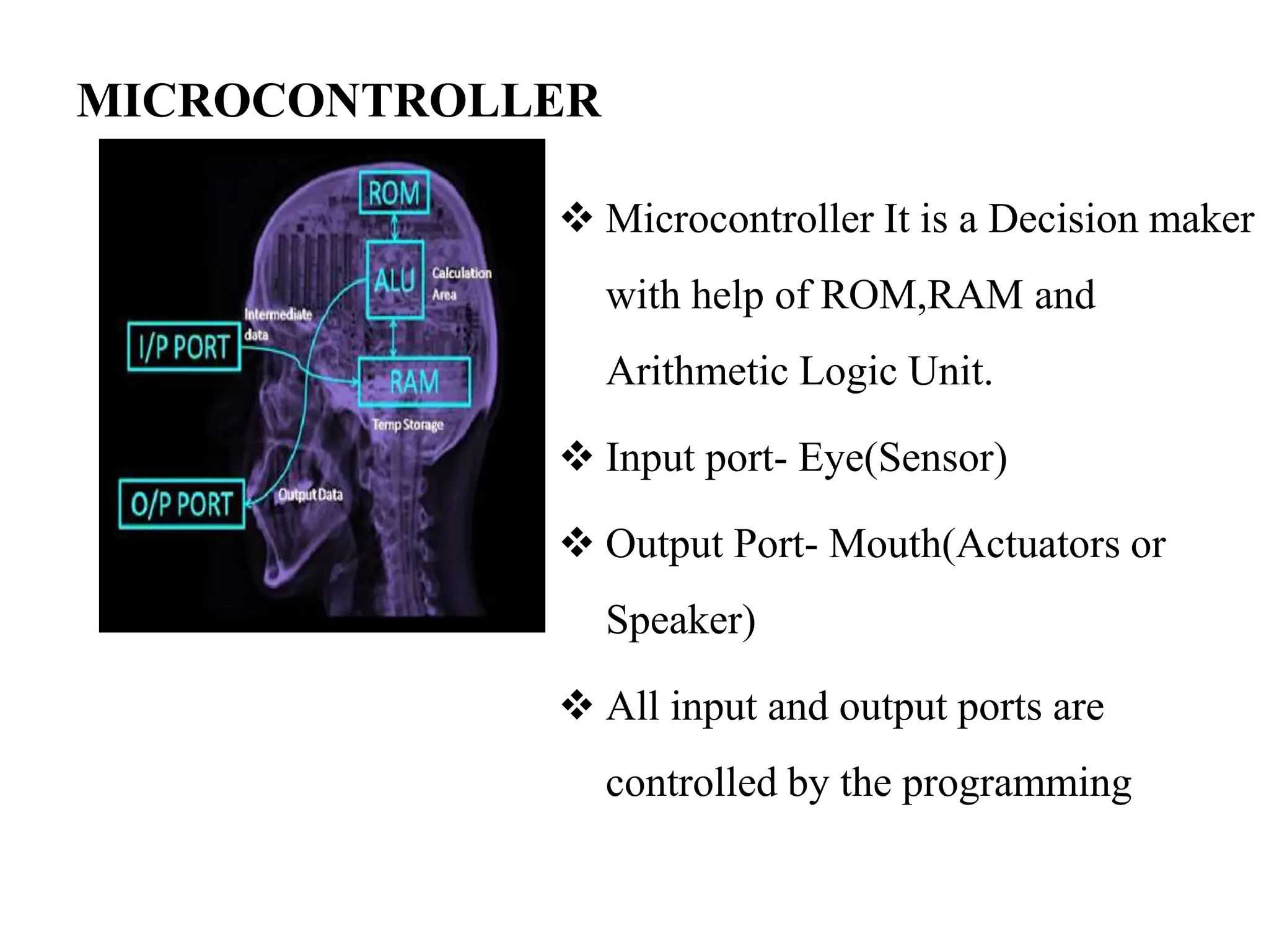 MICROCONTROLLER
 Microcontroller It is a Decision maker
with help of ROM,RAM and
Arithmetic Logic Unit.
 Input port- Eye(Sensor)
 Output Port- Mouth(Actuators or
Speaker)
 All input and output ports are
controlled by the programming
 