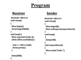 Program
#include <Wire.h>
void setup()
{
Wire.begin();
Serial.begin(9600);
}
void loop() {
Wire.requestFrom(8, 6);
while (Wire.available()) {
char c = Wire.read();
Serial.print(c);
}
delay(500);
}
#include <Wire.h>
void setup()
{
Wire.begin(8);
Wire.onRequest(requestEvent);
}
void loop()
{
delay(100);
}
void requestEvent()
{
Wire.write("hello ");
}
Receiver Sender
 