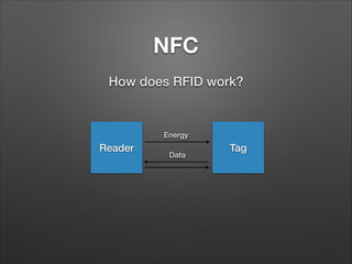 NFC
How does RFID work?

Energy

Reader

Data

Tag

 