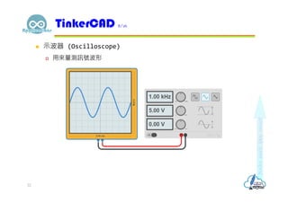  示波器 (Oscilloscope)
 用來量測訊號波形
TinkerCAD 8/16
22
 